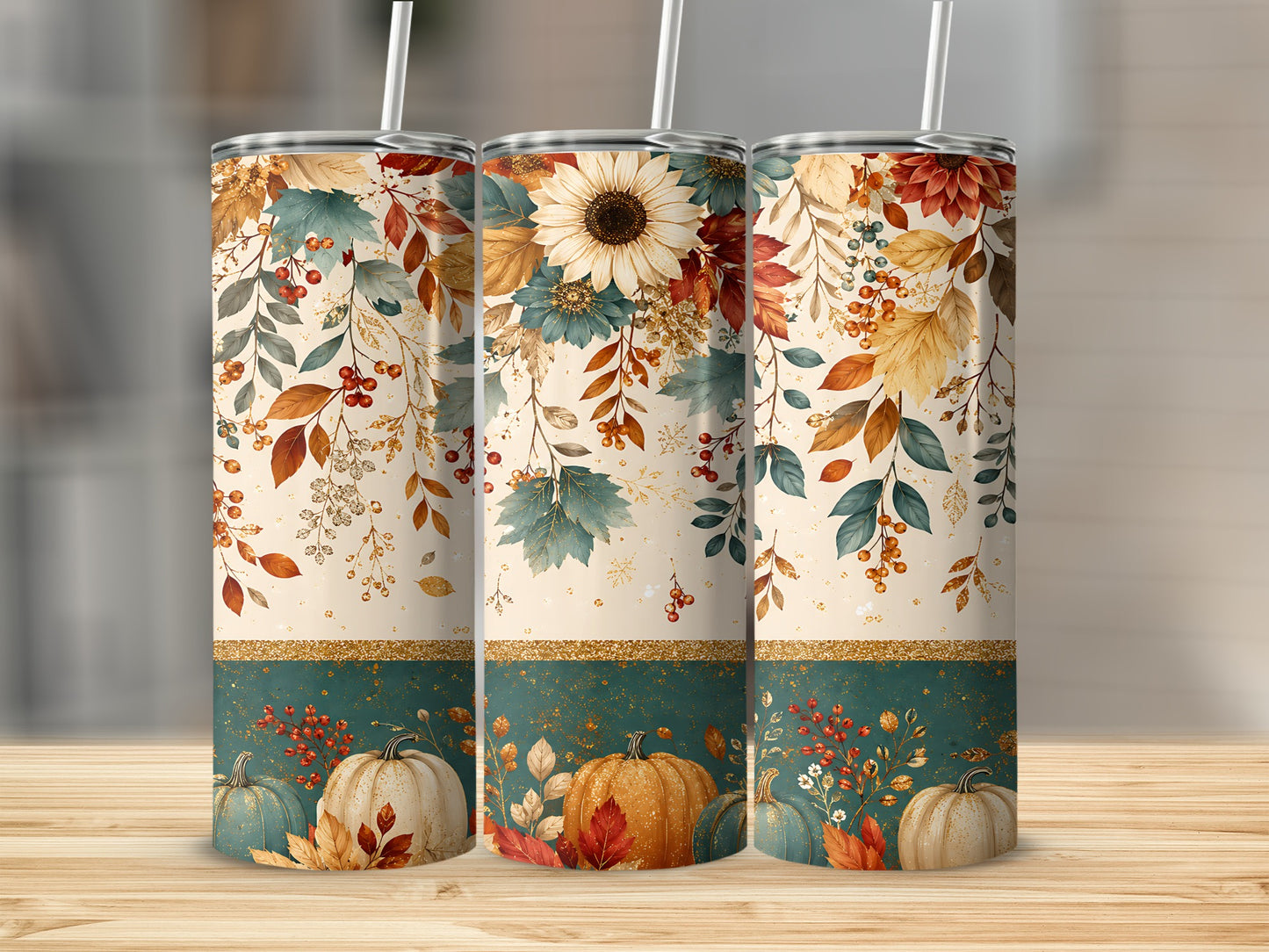 Three tumblers with fall floral and pumpkin designs, featuring sunflowers.