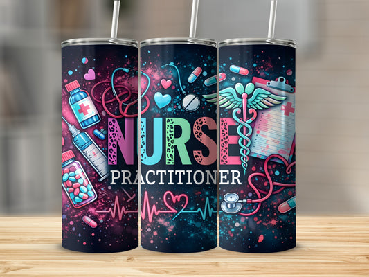 Nurse Practitioner tumbler with medical icons and stethoscope art.