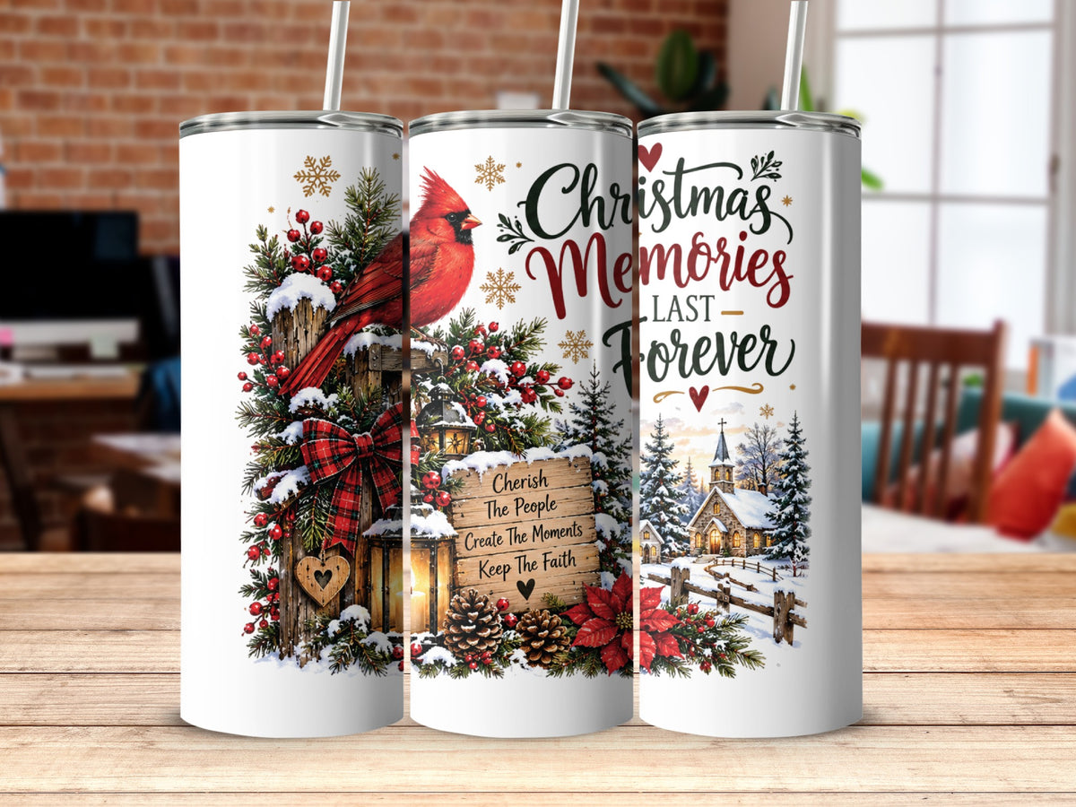 Three tall white tumblers feature Christmas designs with a cardinal, pinecones, snowy trees, and the text "Christmas Memories Last Forever."
