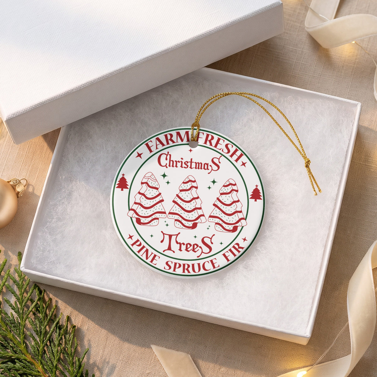 Round ornament with "Farm Fresh Christmas Trees" and pine, spruce, fir.