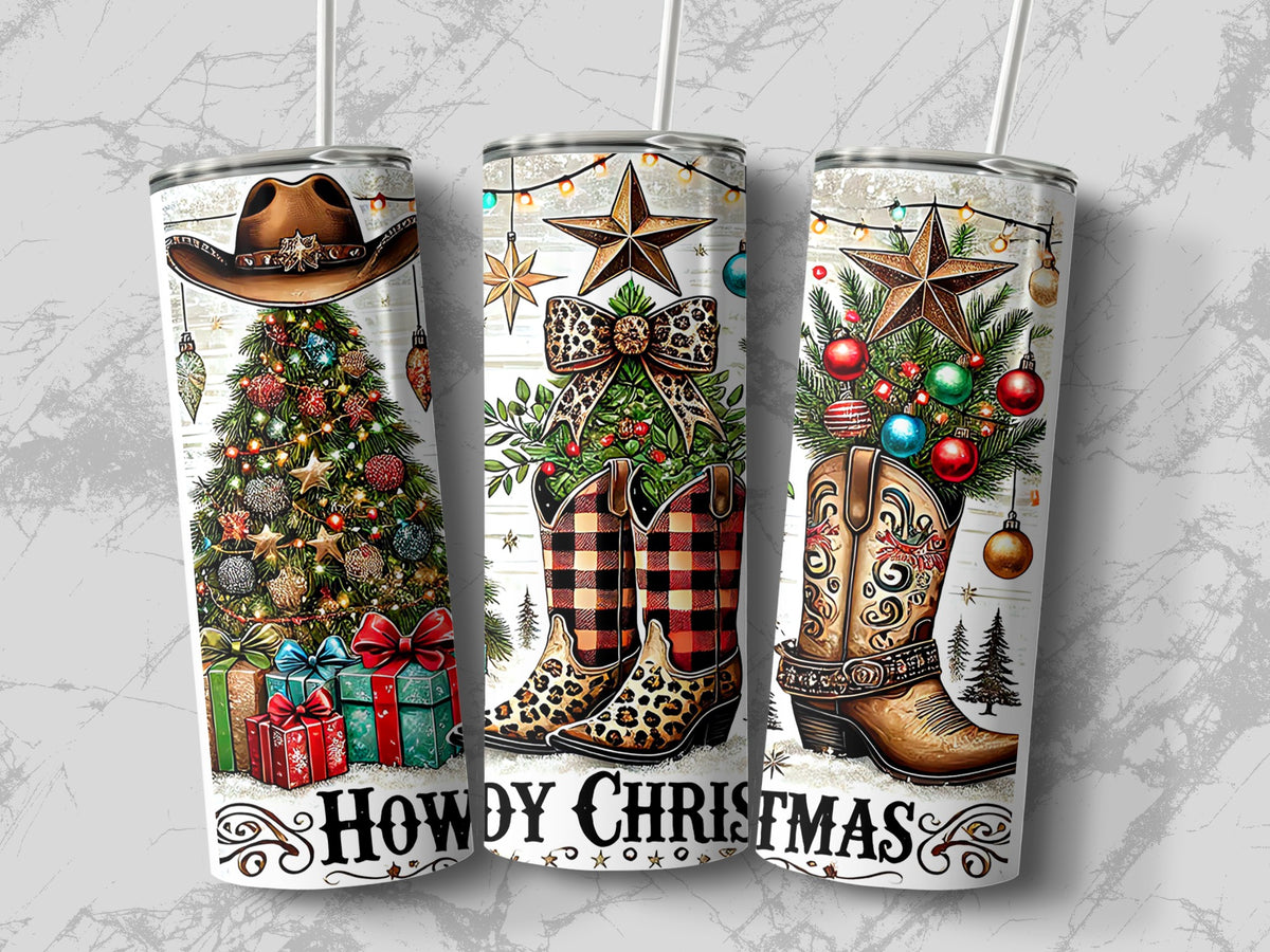 Three tall tumblers with white straws feature western-themed Christmas illustrations and the text "HOWDY CHRISTMAS."