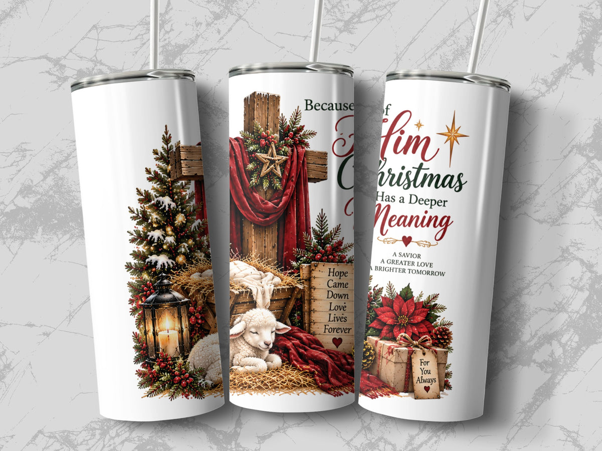 Three white travel tumblers featuring a Christian Christmas design with a cross, a lamb, text, and festive decorations.