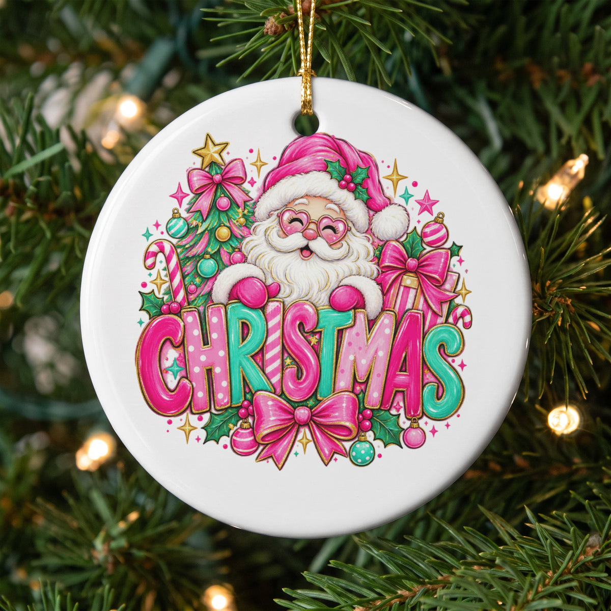 Round Christmas ornament with Santa, tree, presents and the word CHRISTMAS.