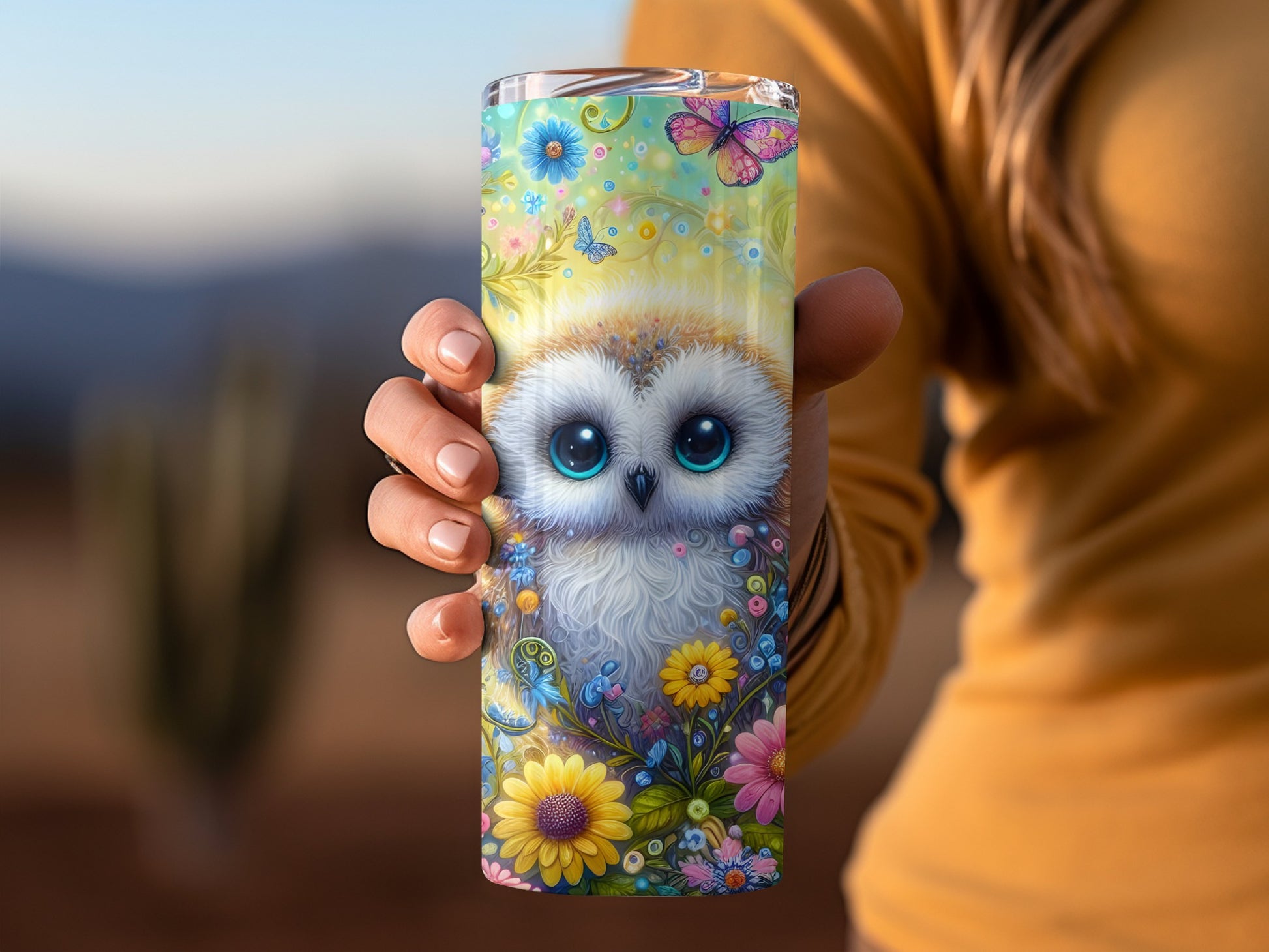 Cute owl with large eyes surrounded by colorful flowers and butterflies.