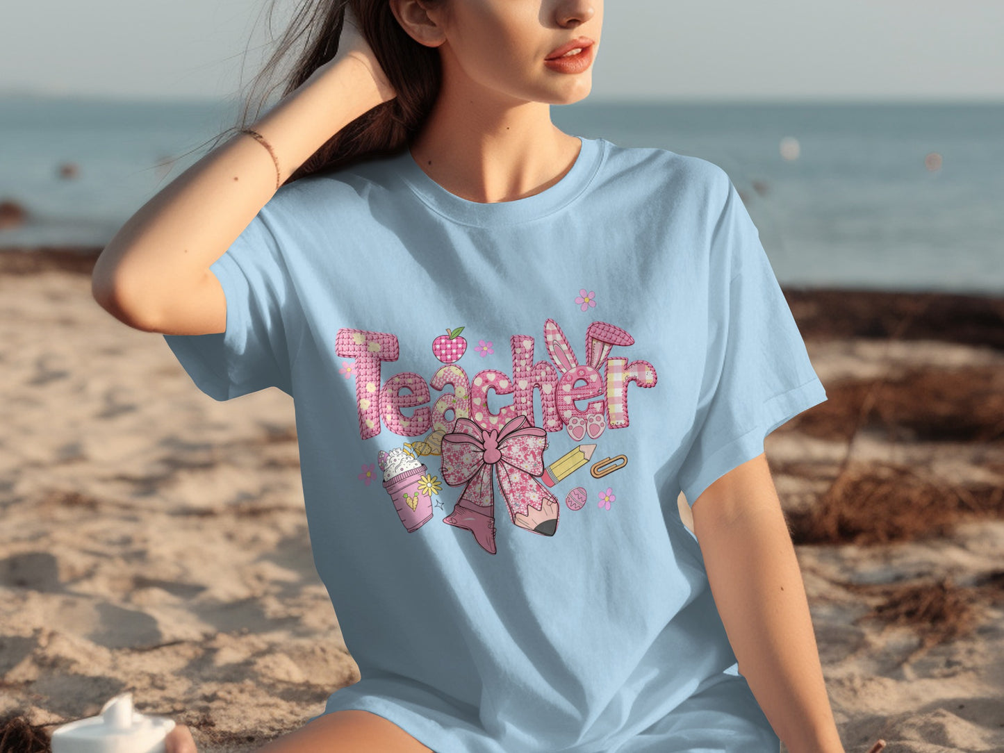 Cute Teacher Graphic Blue Casual Summer T-shirt