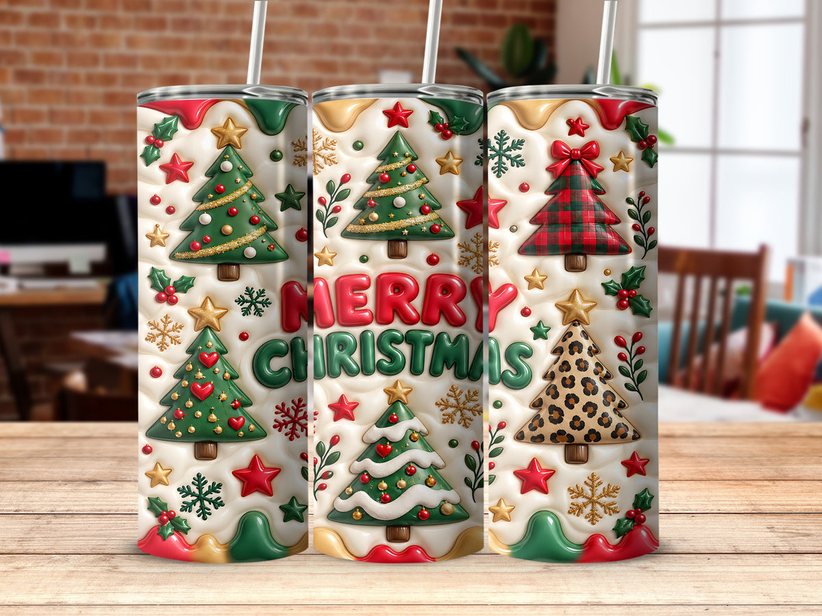 Three insulated tumblers featuring embossed Christmas trees, snowflakes, and the text Merry Christmas on a wooden surface.