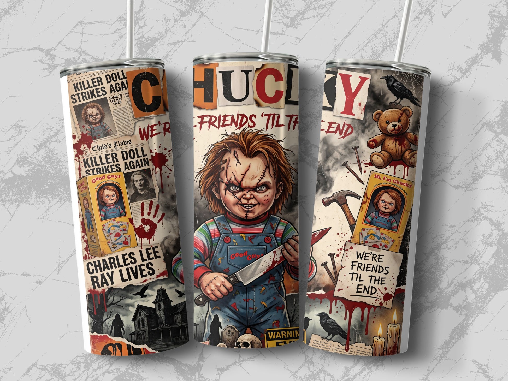 Chucky doll tumbler with newspaper clippings, a teddy bear, and horror imagery.