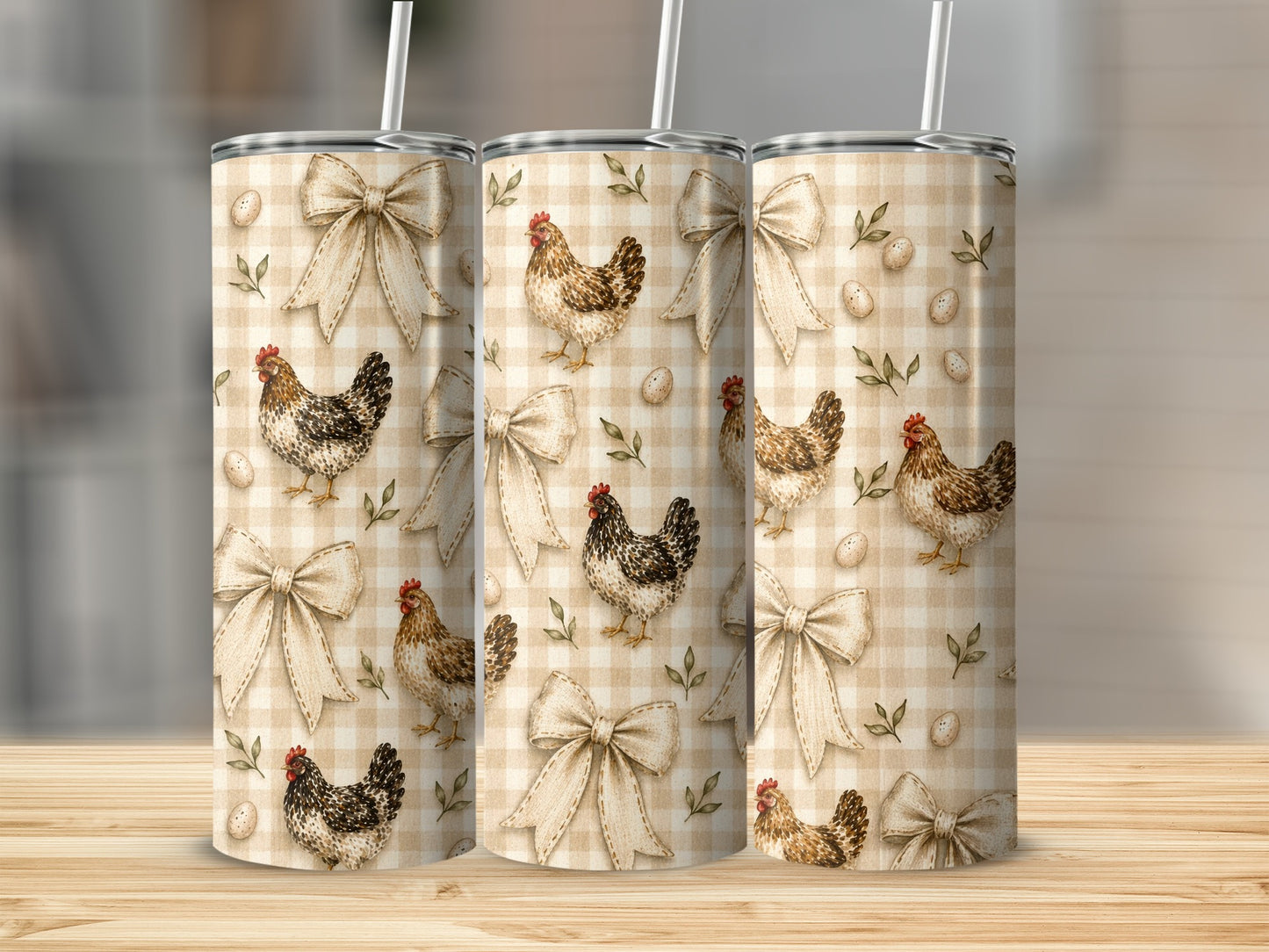 Tumblers with a beige gingham pattern, featuring chickens, bows, and eggs.