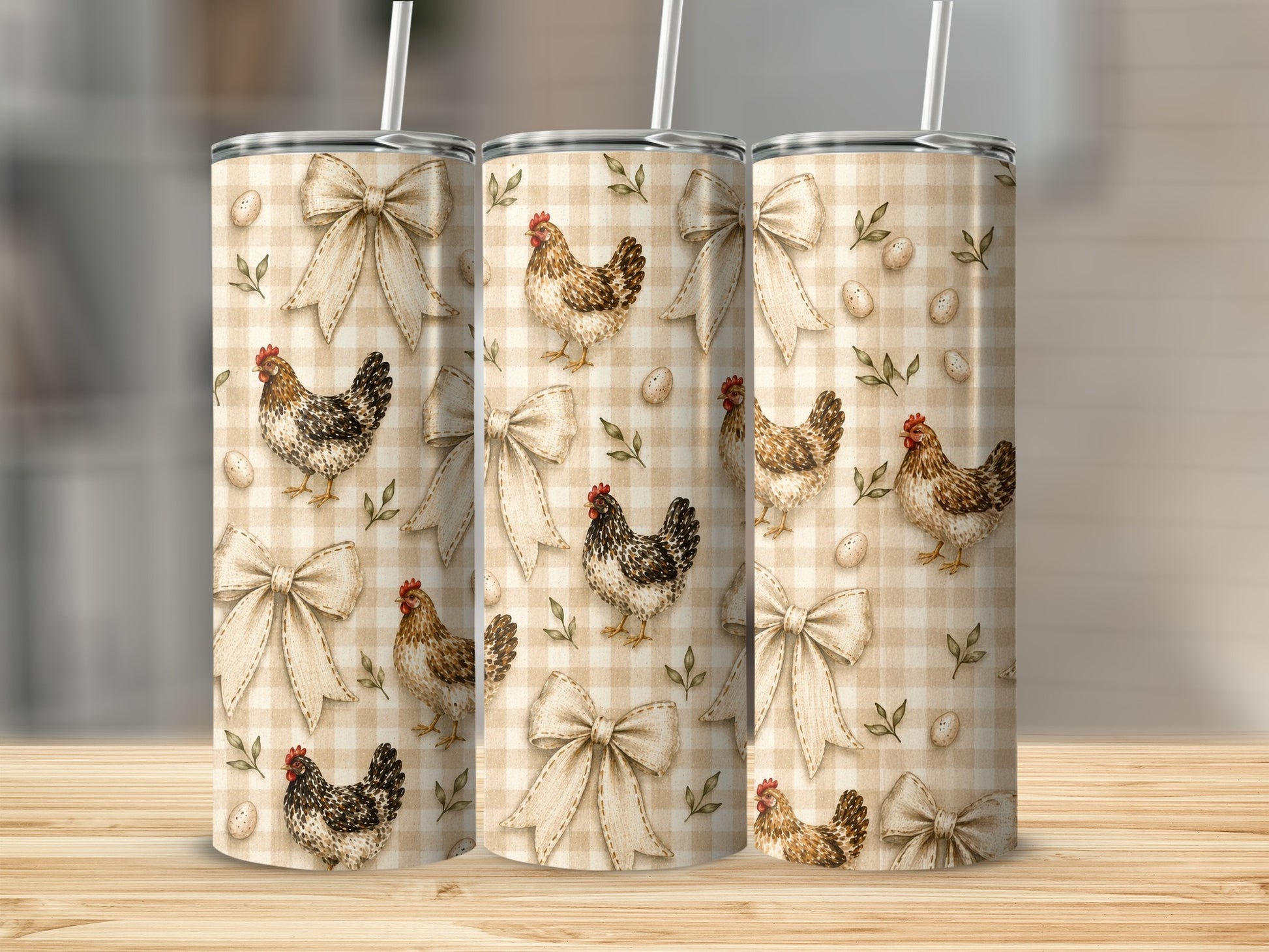 Tumblers with a beige gingham pattern, featuring chickens, bows, and eggs.