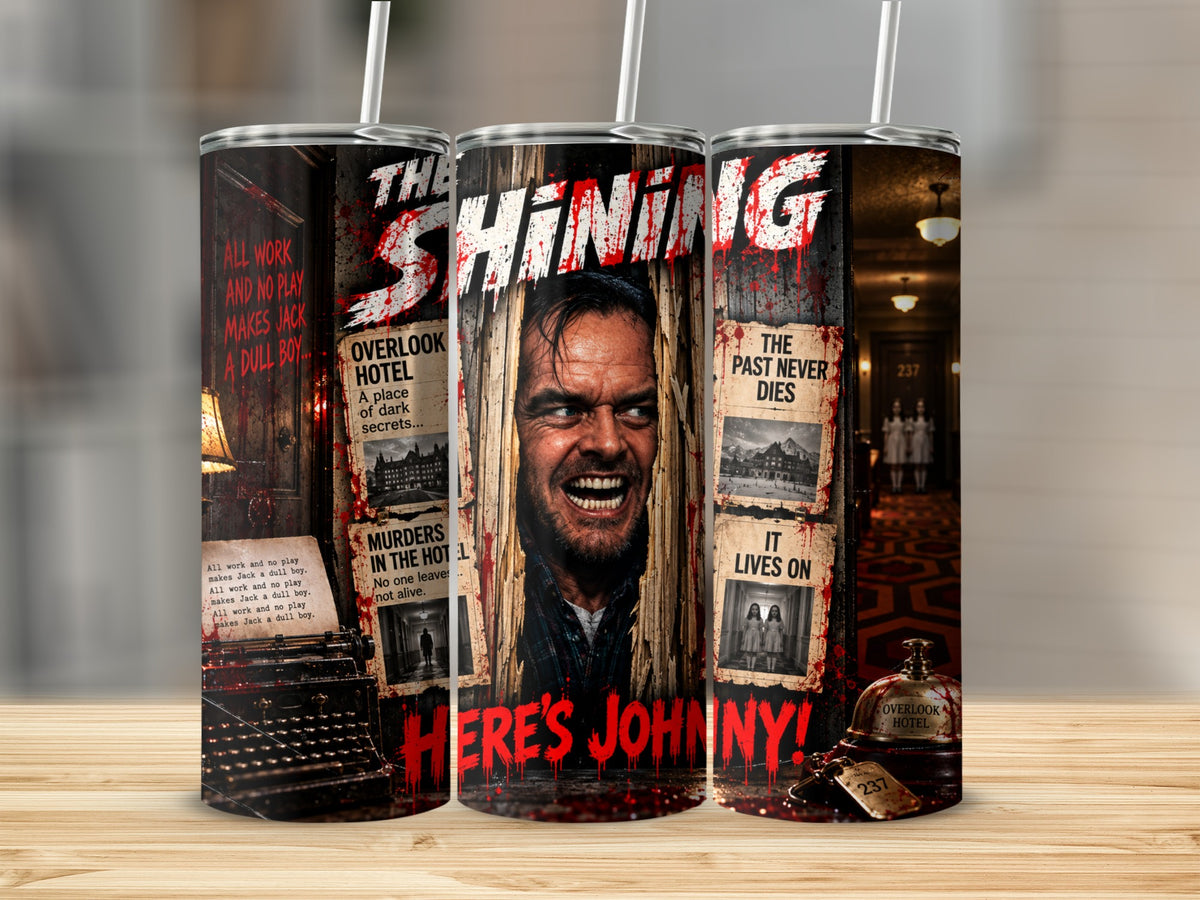 A horror movie-themed tumbler features The Shining graphics, including Jack Nicholson peering through a broken door.