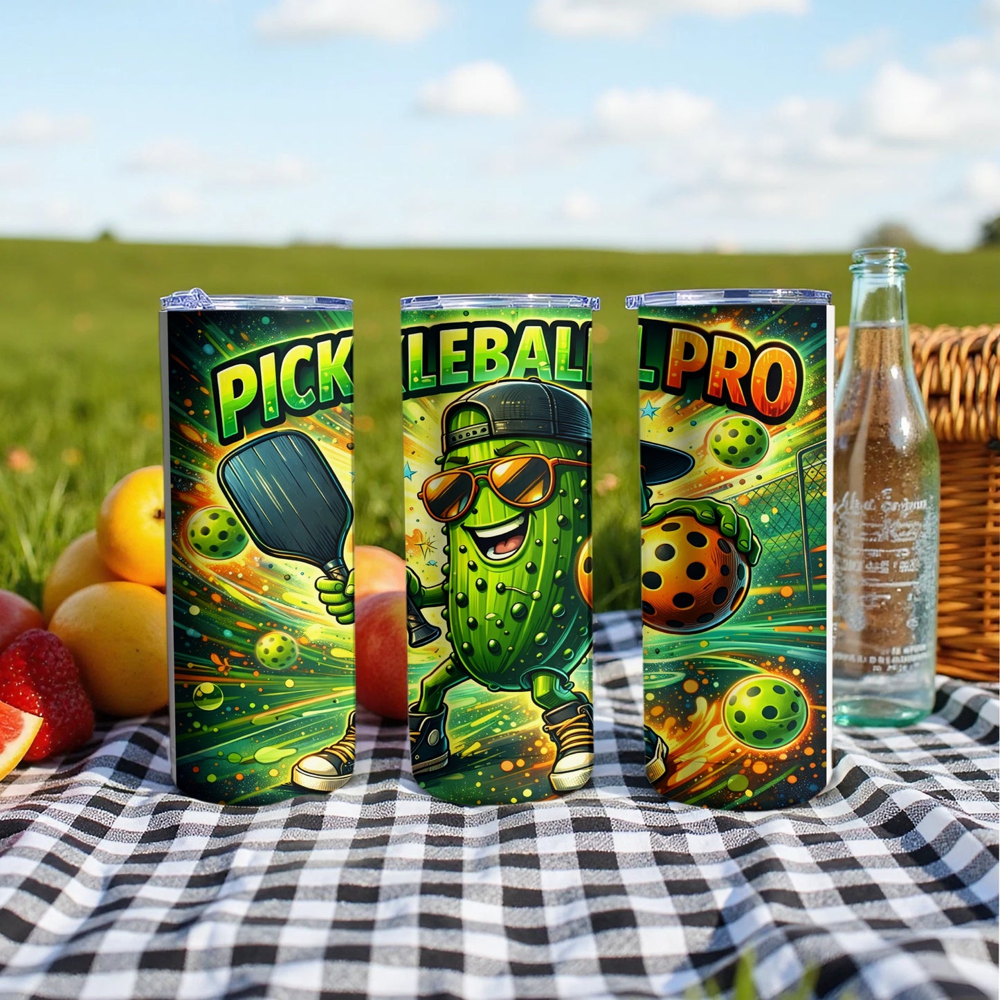 Tumbling pickle character with sunglasses holding pickleball paddle and ball.