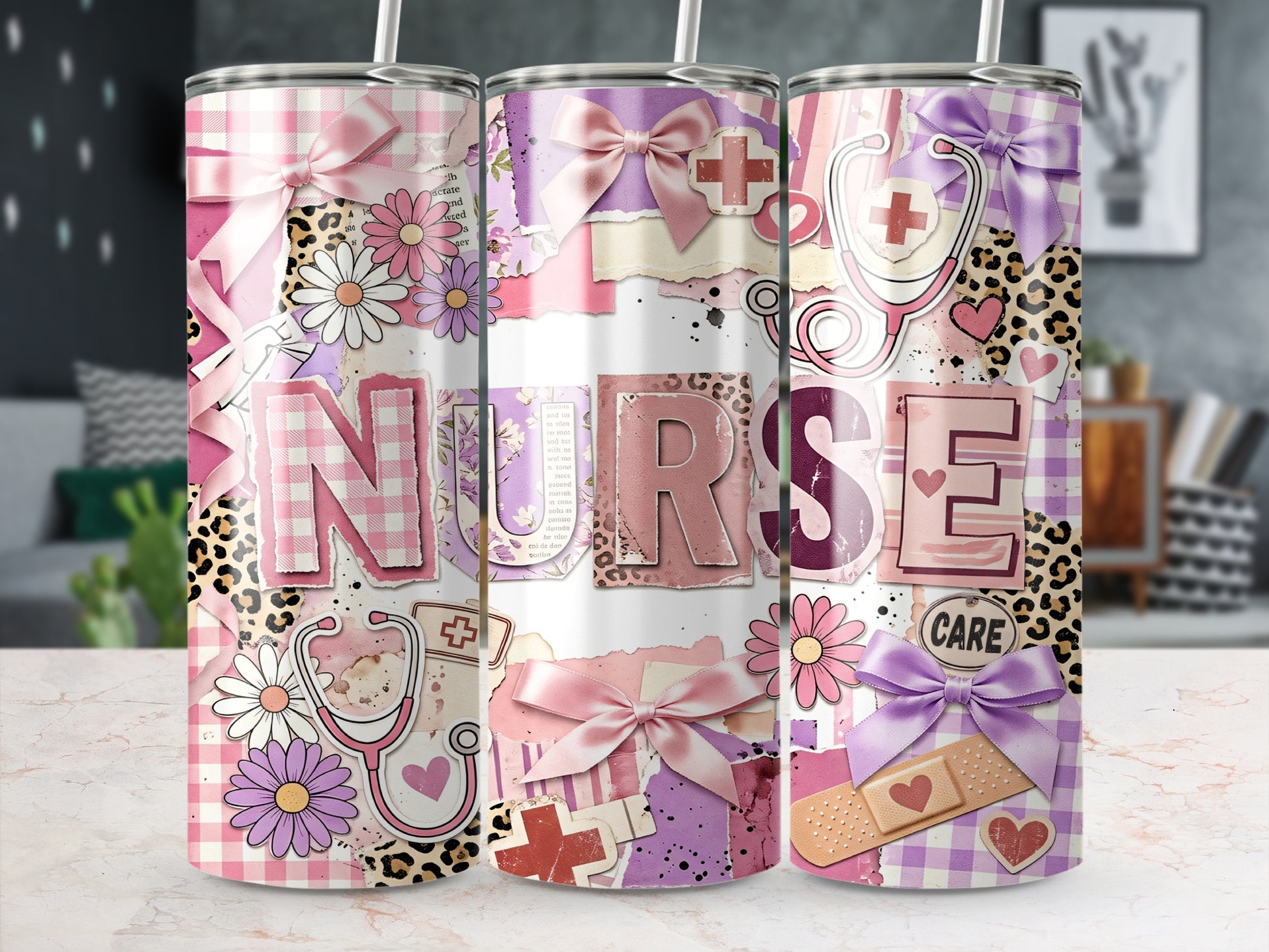 Tumbler with "NURSE" text, daisies, heart, stethoscope, and leopard print.