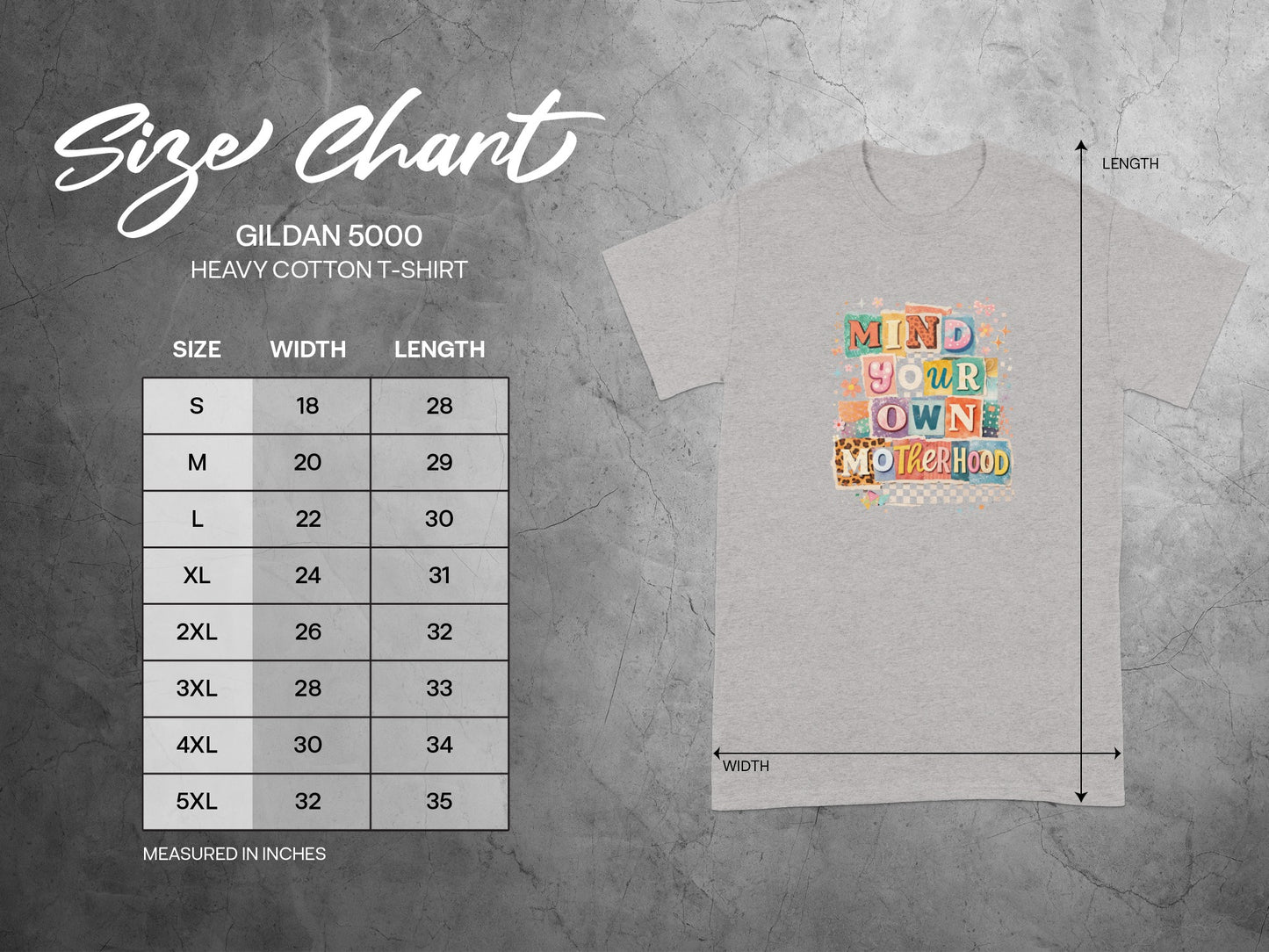 Gildan 5000 Heavy Cotton T-Shirt size chart with measurements.