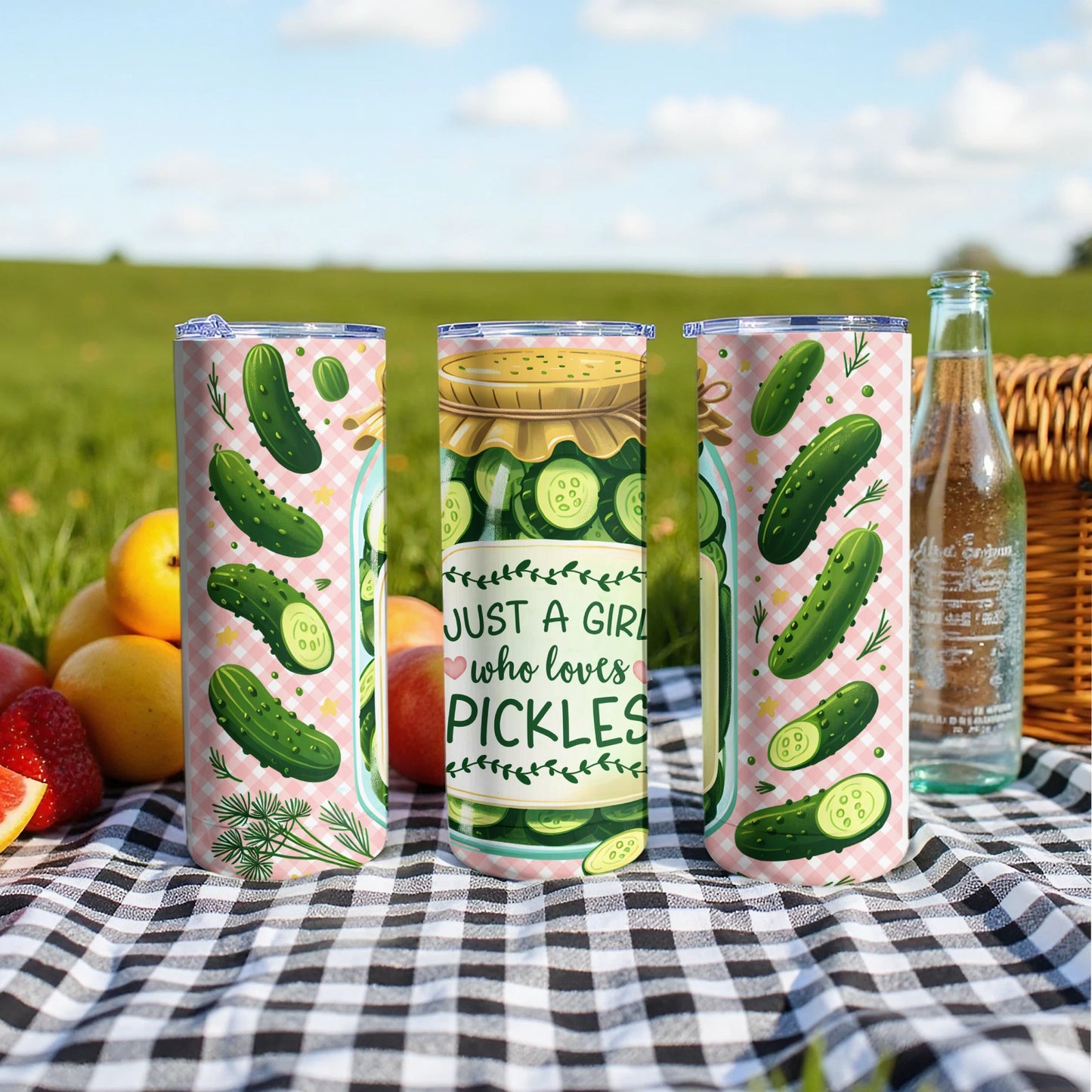 Three tumblers with pickle designs, one featuring text "Just a girl who loves pickles."
