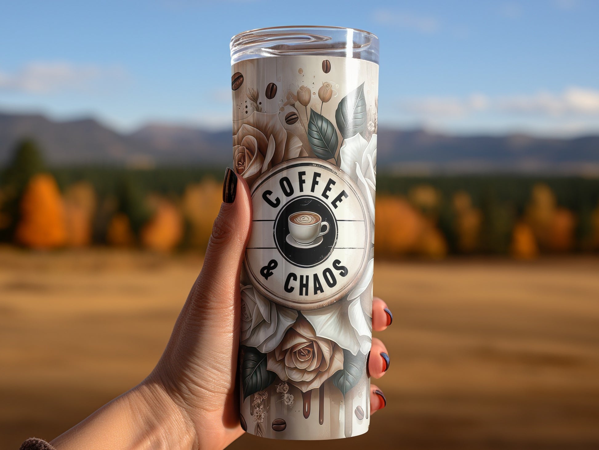 Tumbler with coffee beans, roses, and "Coffee & Chaos" text.