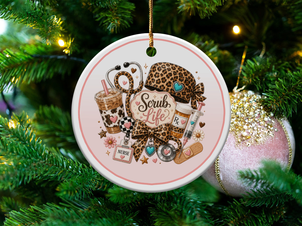 Nurse themed ornament with stethoscope, coffee cup, syringe, and "Scrub Life" text.