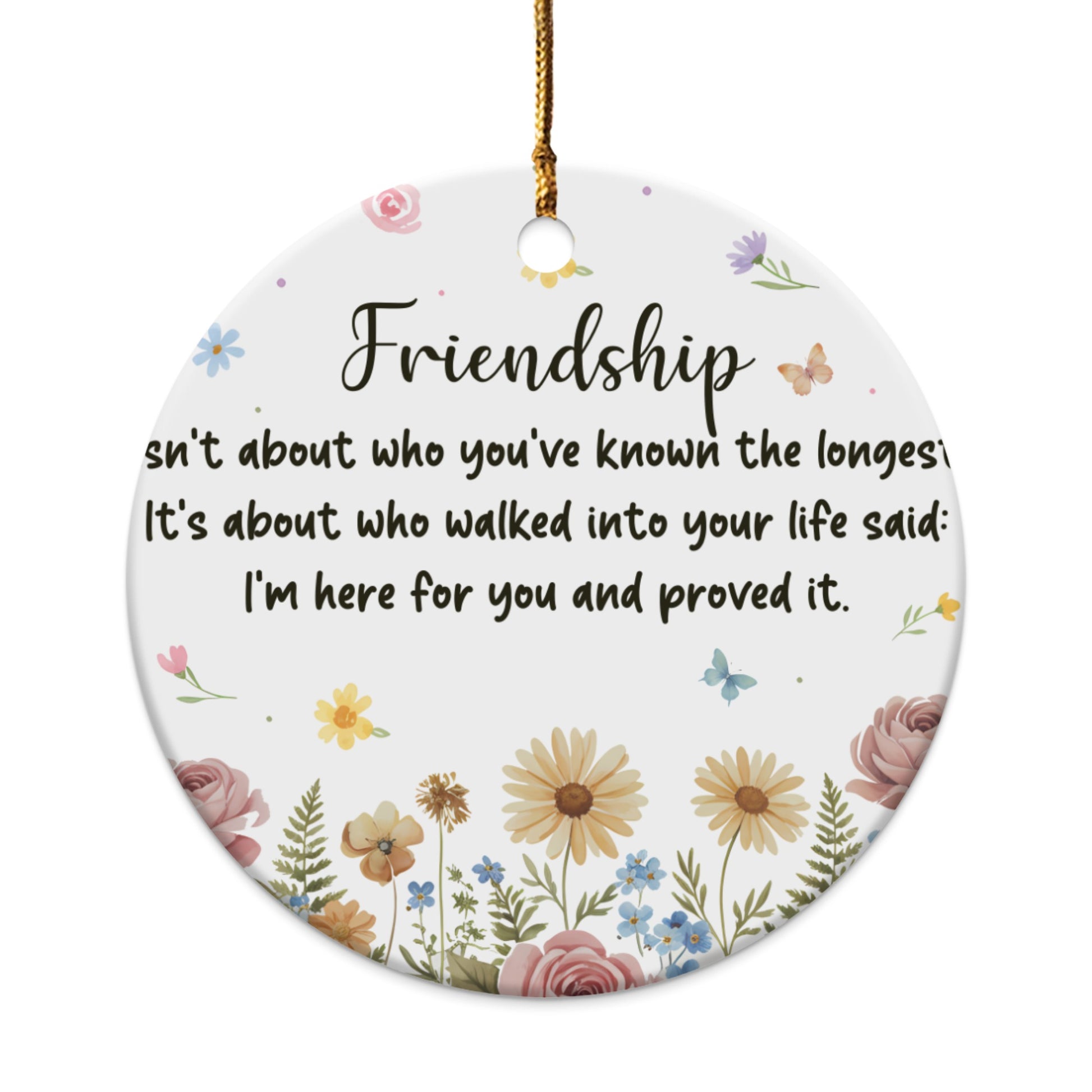 Round ornament with "Friendship" quote and floral watercolor design.