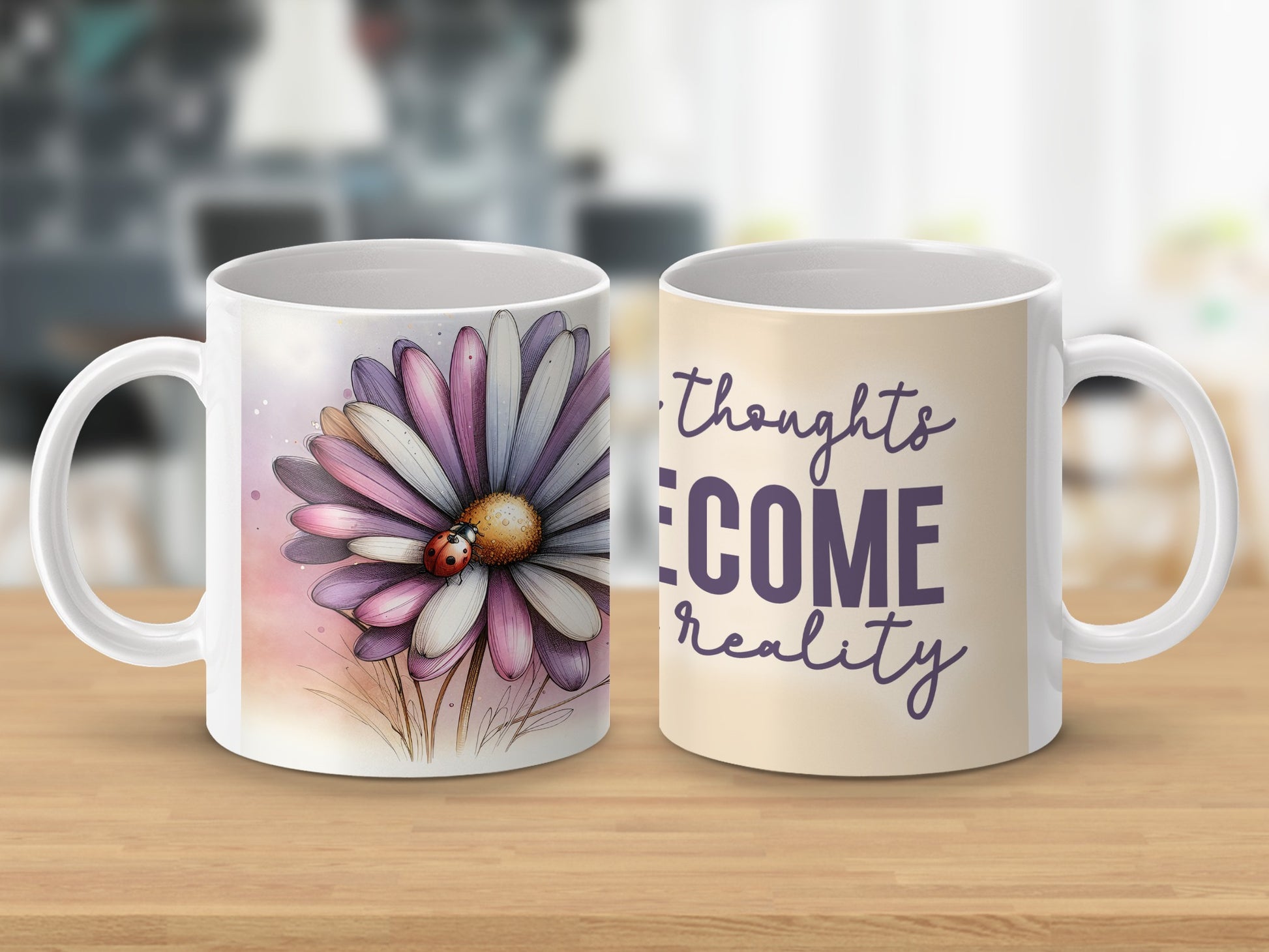 Purple Daisy Ladybug Thoughts BECOME Reality product type

Daisy, Ladybug, Flower, Floral design, Inspirational, Motivational, Quote mug, Thoughts reality, Purple flower, Pink flower, Nature art, Coffee mug, Tea cup, Drinkware gift, Positive message, Watercolor art, Unique gift, Home accessory, Office mug, Self care gift