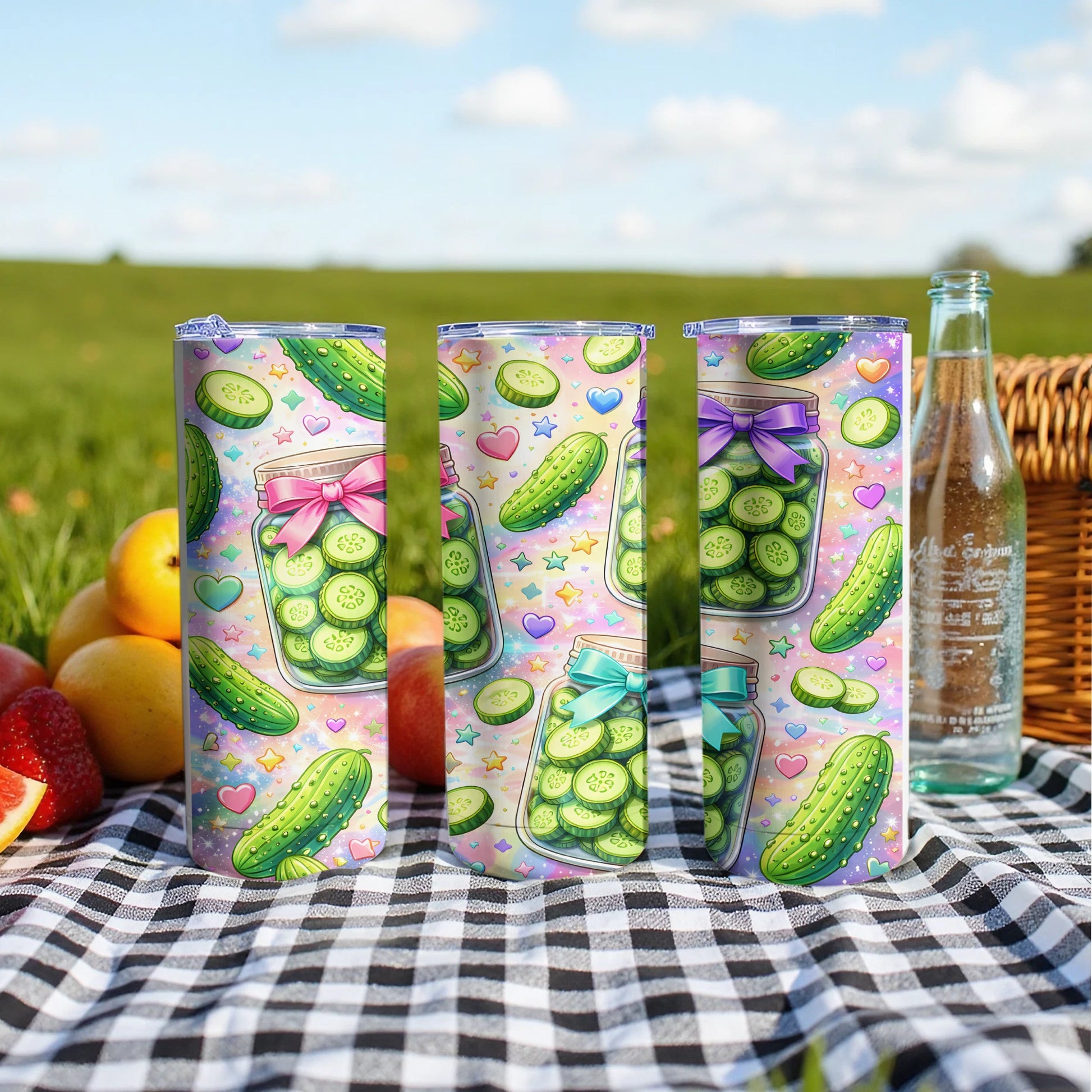 Three pickle jars with bows on a checkered picnic blanket with fruit and water.