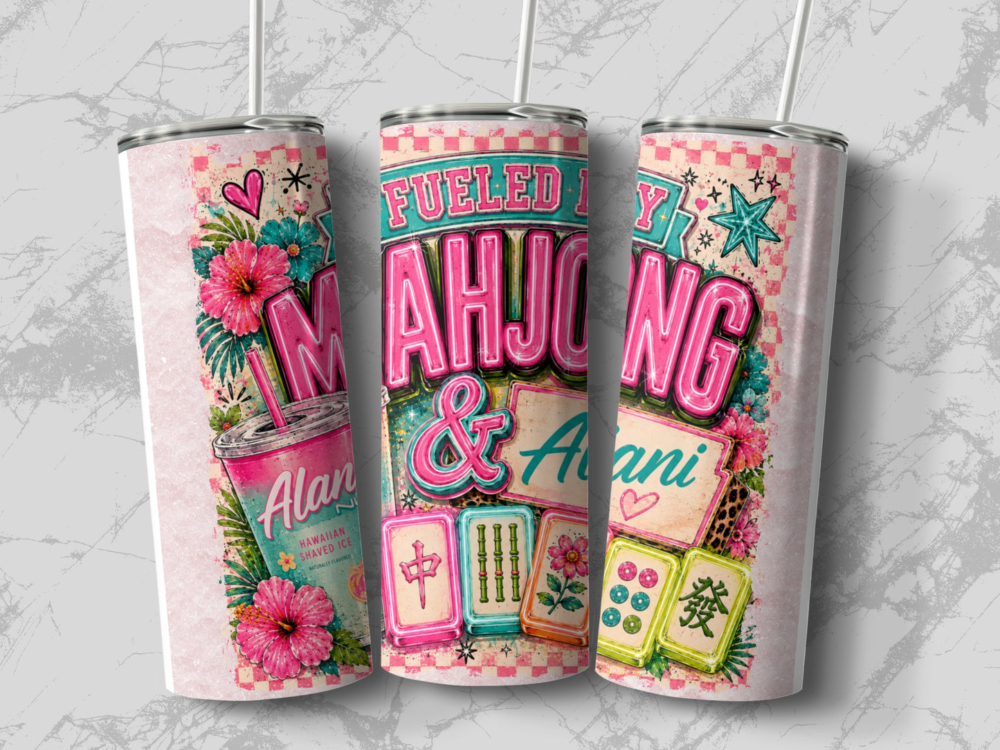 Tumblers with "Fueled by Mahjong & Aloha" text and Hawaiian shaved ice graphics.