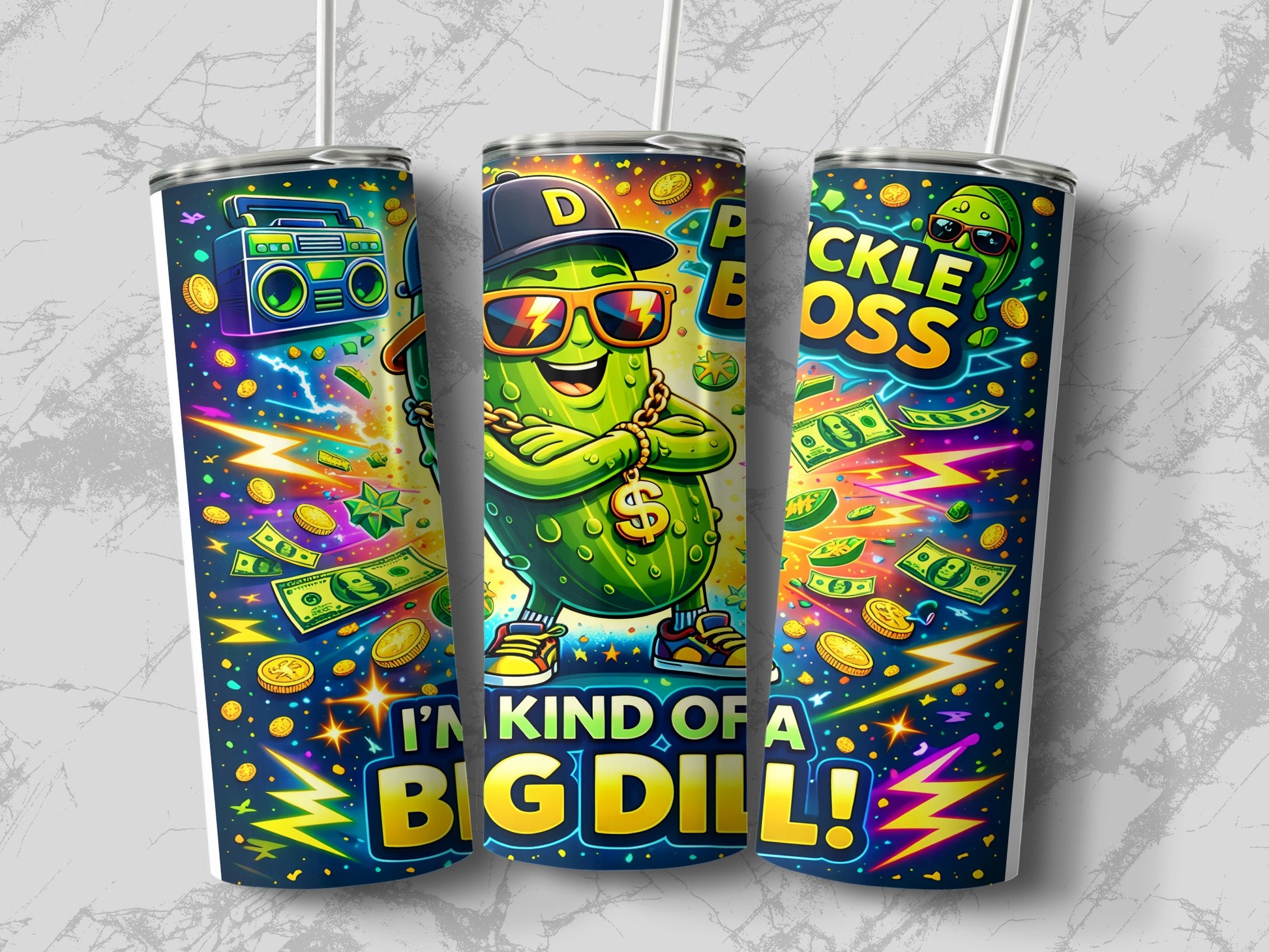 Cartoon pickle wearing sunglasses and gold chain, holding a money bag.