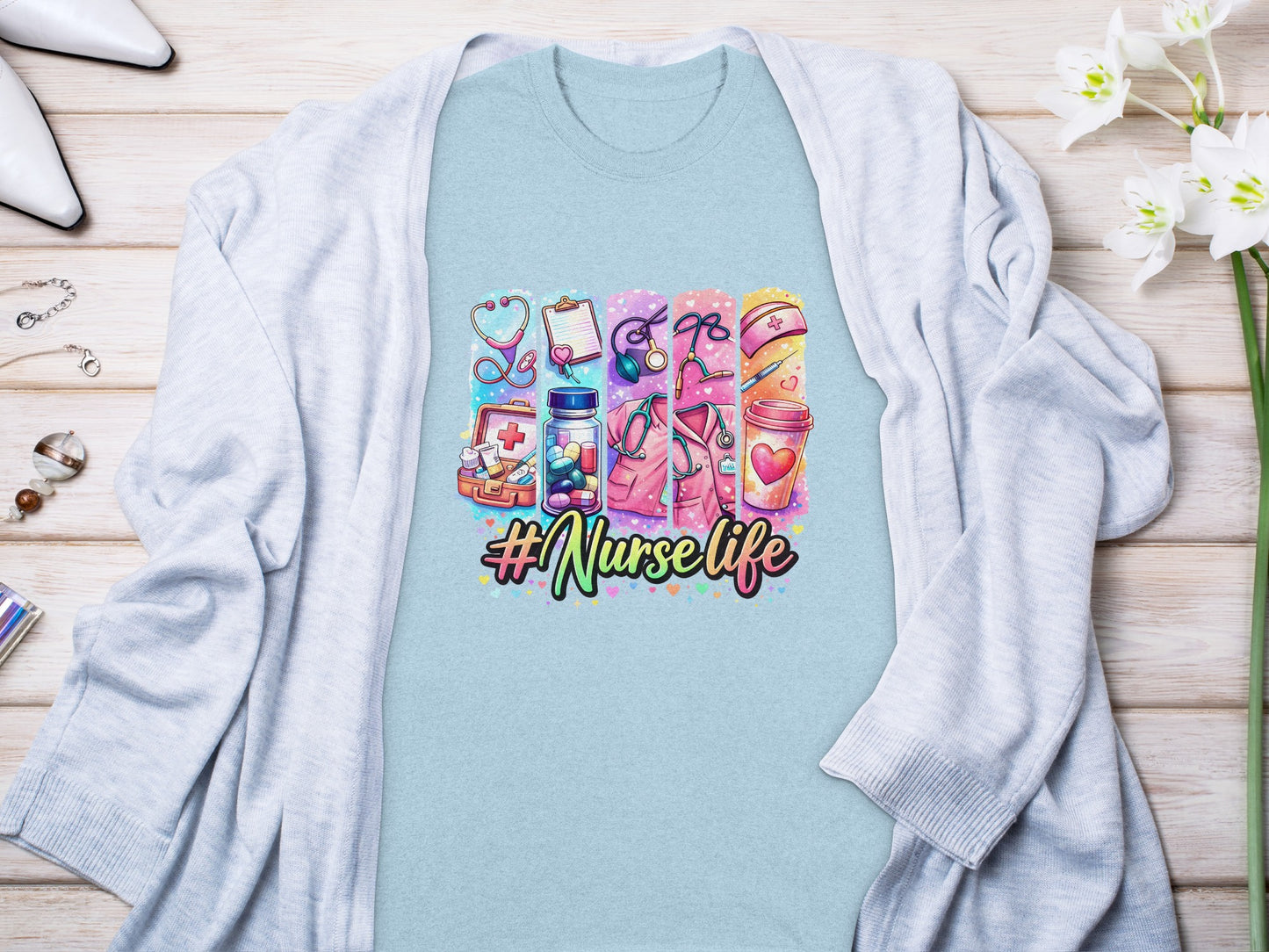 T-shirt with nurse-themed icons and #NurseLife text.