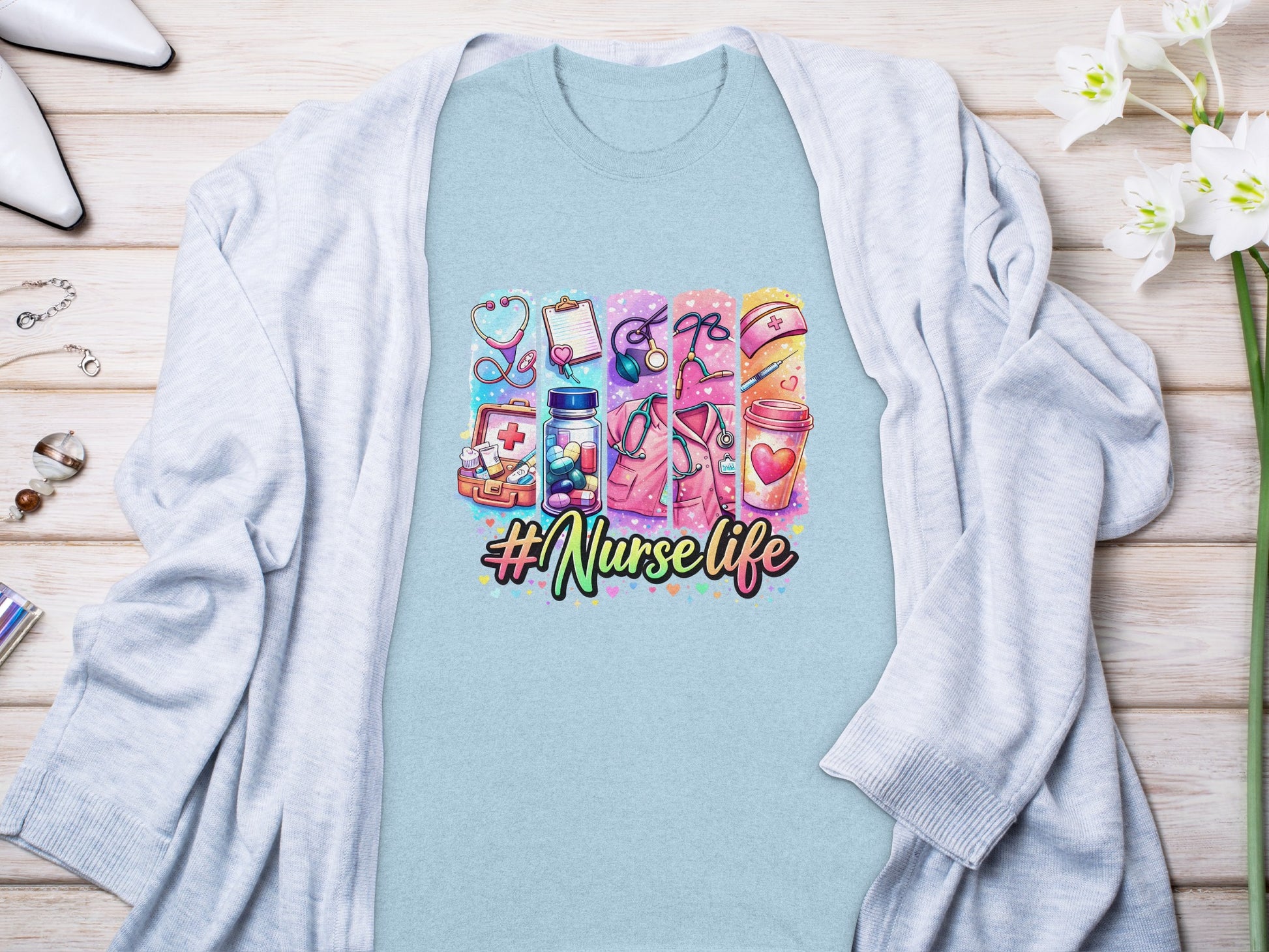 T-shirt with nurse-themed icons and #NurseLife text.