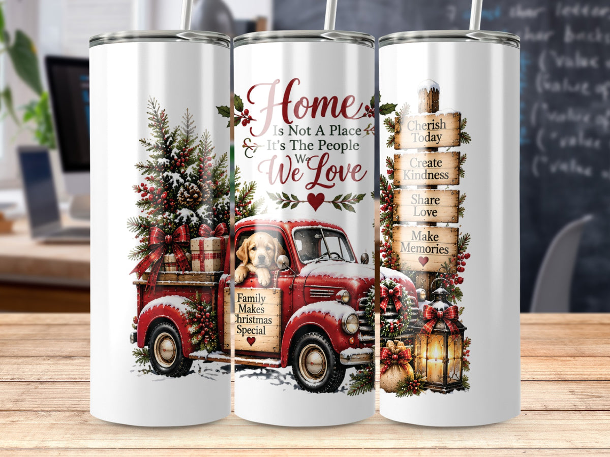 Three white travel tumblers featuring a snowy red Christmas truck graphic, a golden retriever, and inspirational holiday text.