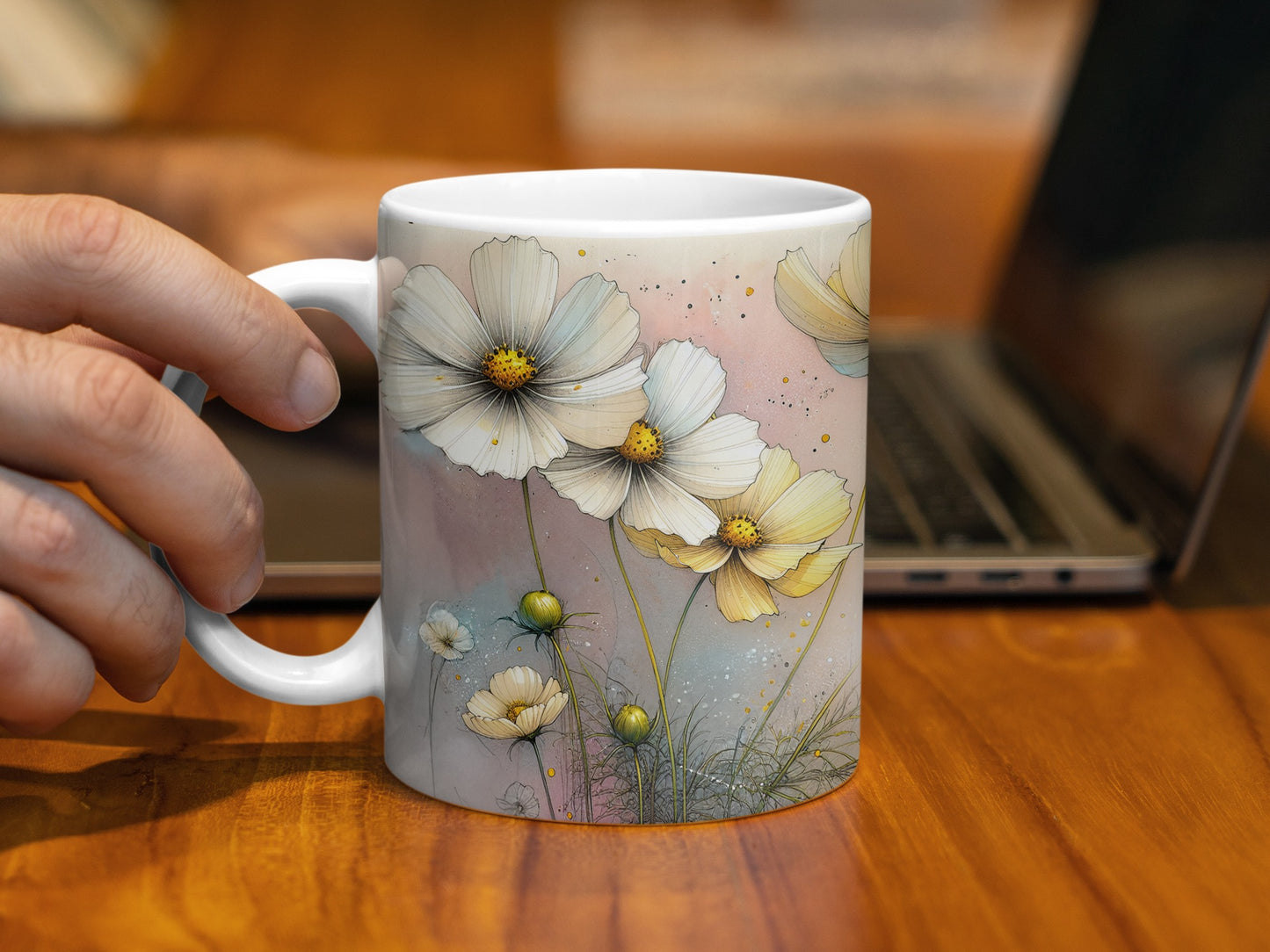 Watercolor Cosmos Flowers Floral Design Mug product type
Cosmos flower
Floral design
Watercolor art
Flower art
Pink background
White flowers
Yellow flowers
Botanical print
Nature inspired
Garden theme
Aesthetic mug
Coffee cup
Tea mug
Beverage holder
Gift idea
Home decor
Desk accessory
Unique design
Spring flowers
Artistic mug