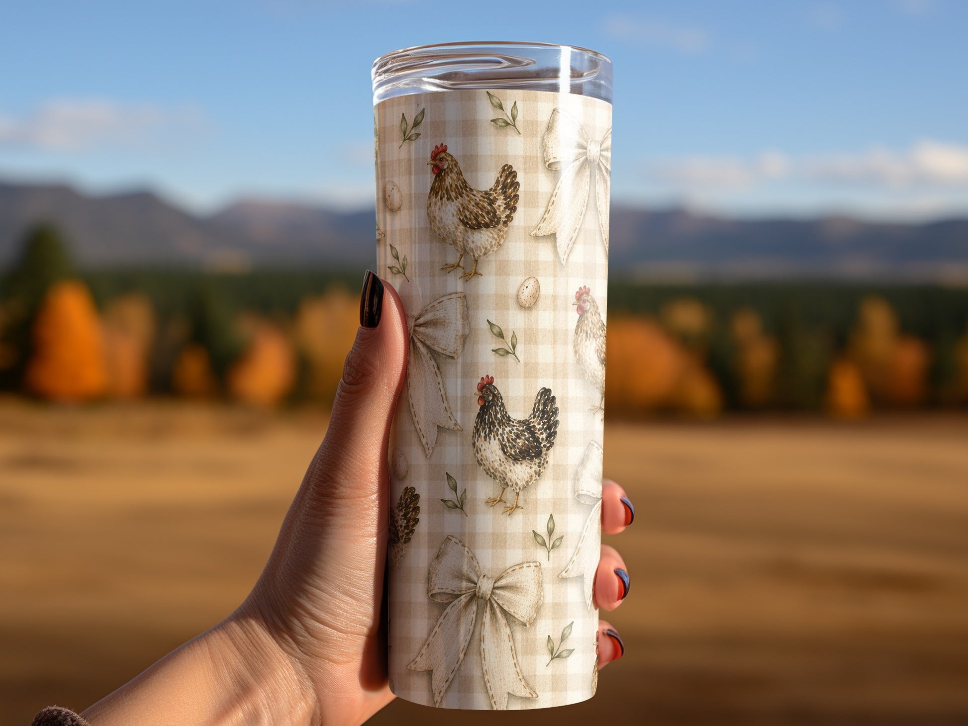 Tumbler with a gingham pattern, chickens, eggs, and bows.