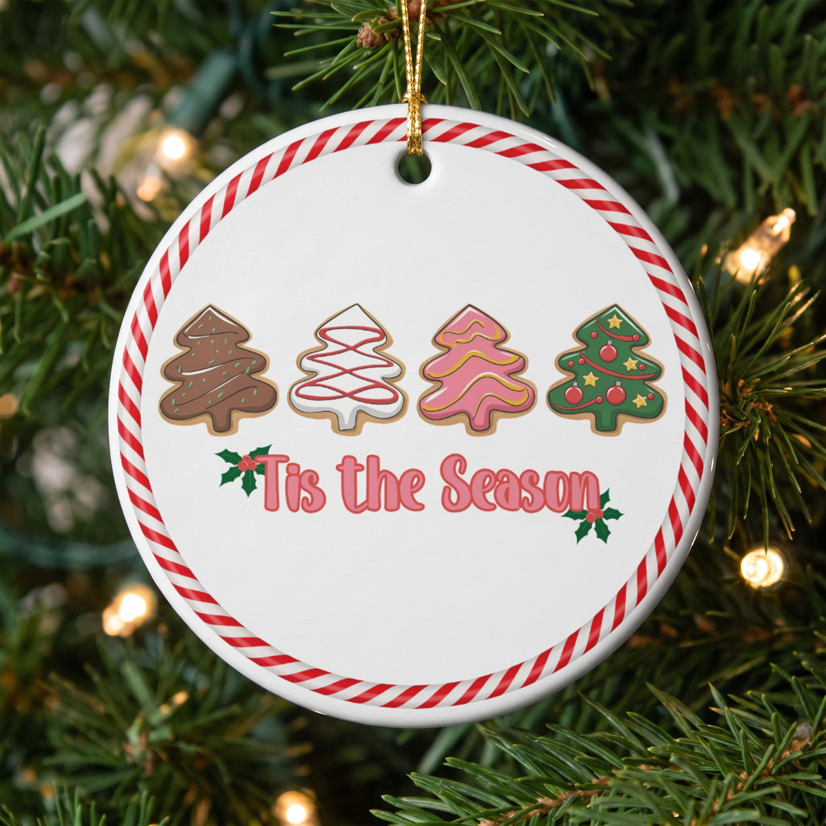 Round ornament with four Christmas tree cookies and "Tis the Season" text.
