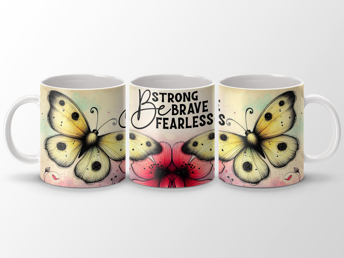 Be Strong Brave Fearless Butterfly Watercolor Inspire product type
Mug, Butterfly, Inspirational, Strong, Brave, Fearless, Gift, Drinkware, Watercolor, Floral, Positive, Motivation, Unique, Home Decor, Office, Coffee Cup, Tea Mug, Yellow Butterfly, Red Flower, Quote Mug
