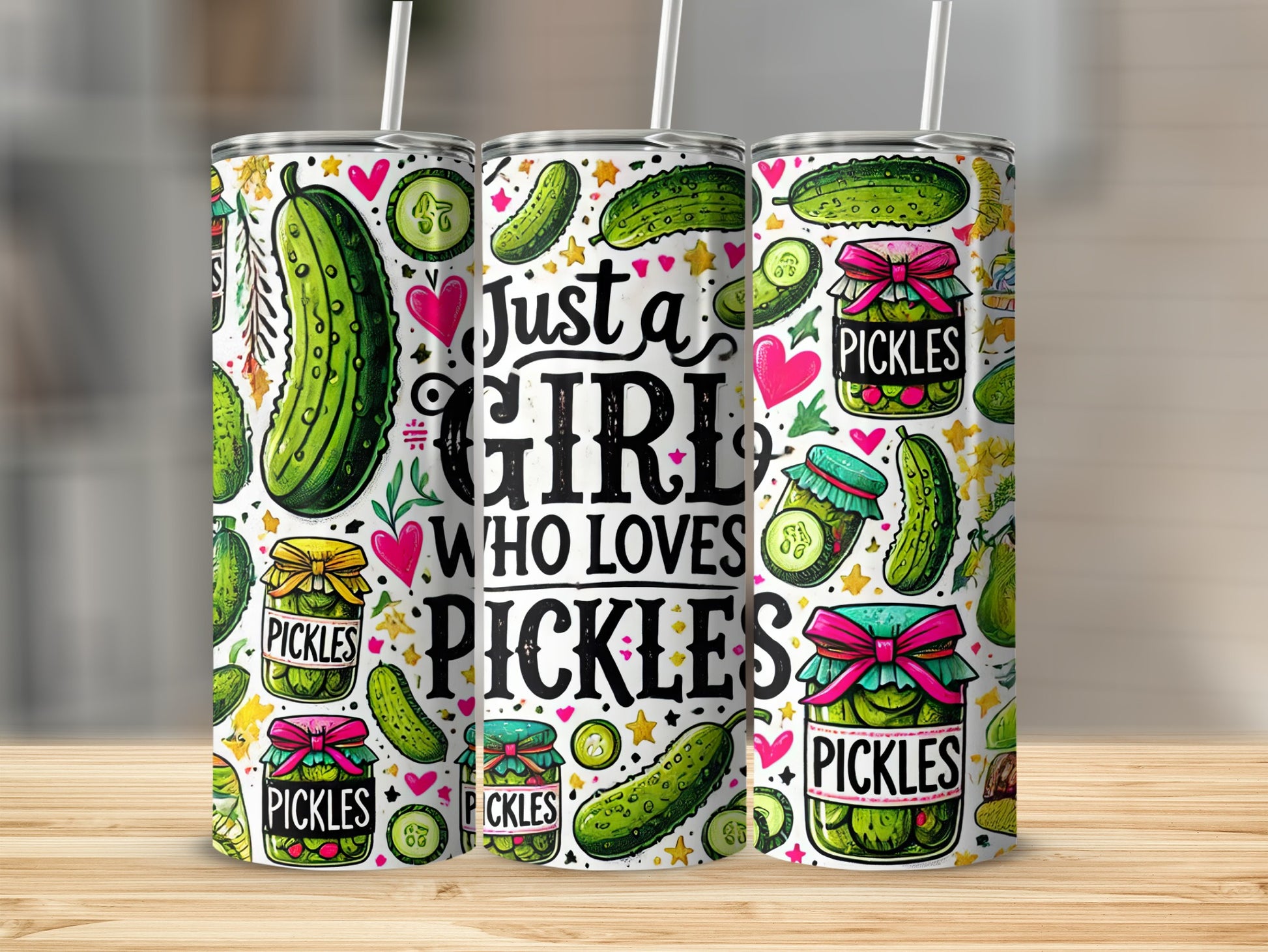 Tumbler with dill pickle design and "Just a girl who loves pickles" text.