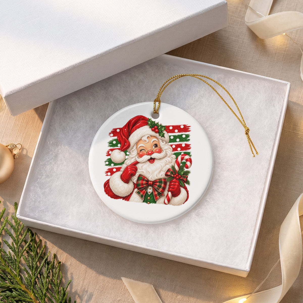 Round ceramic ornament featuring a winking Santa Claus holding a candy cane.