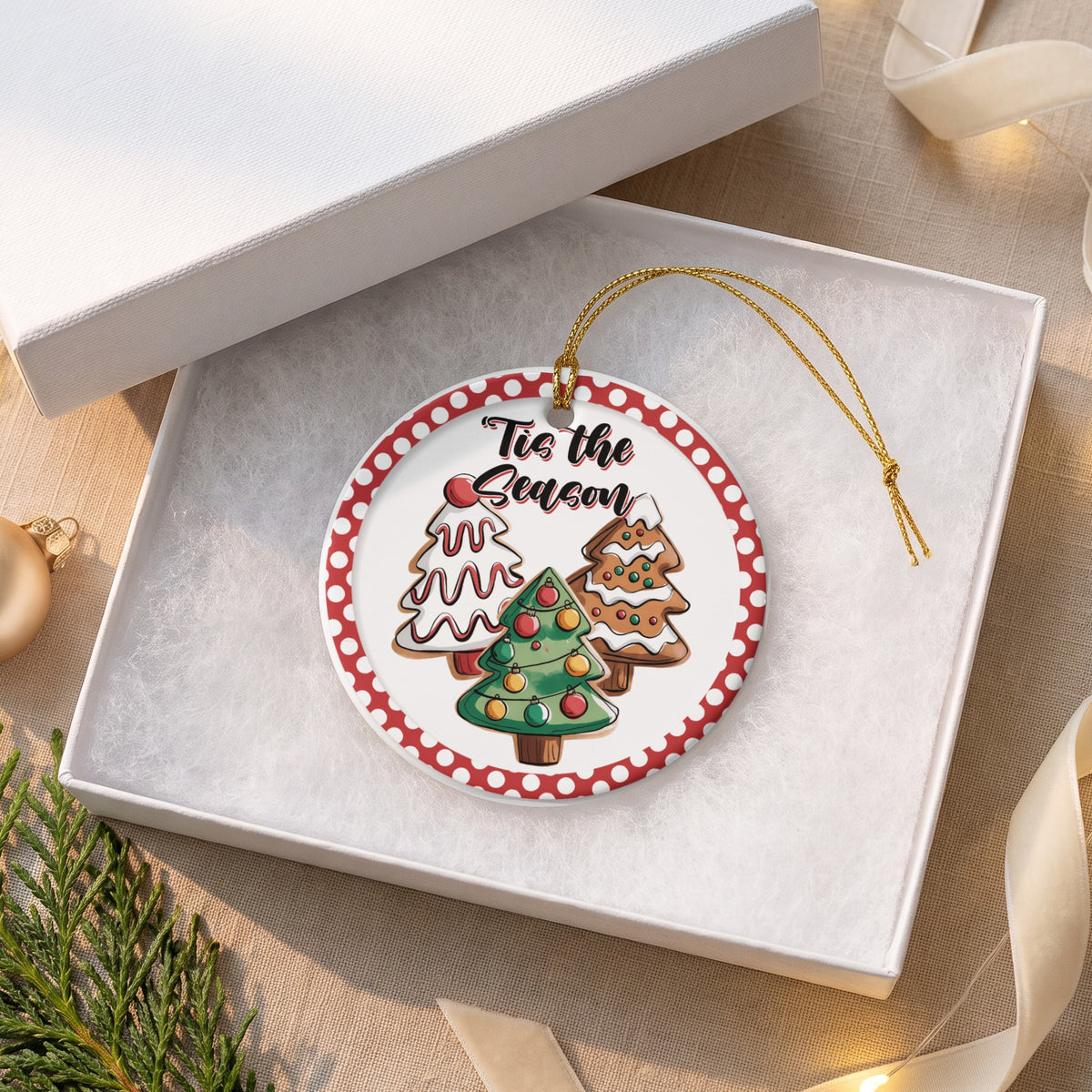 Ceramic ornament with "Tis the Season" and three decorated gingerbread Christmas trees.