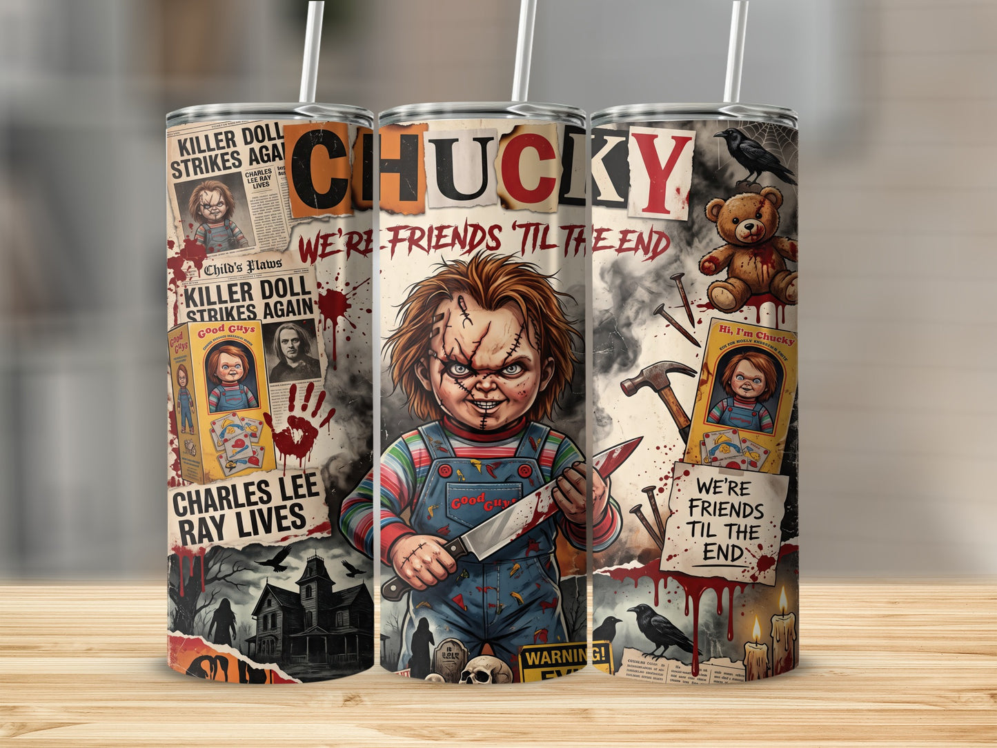 Chucky doll with knives, newspapers, and spooky imagery on three tumblers.