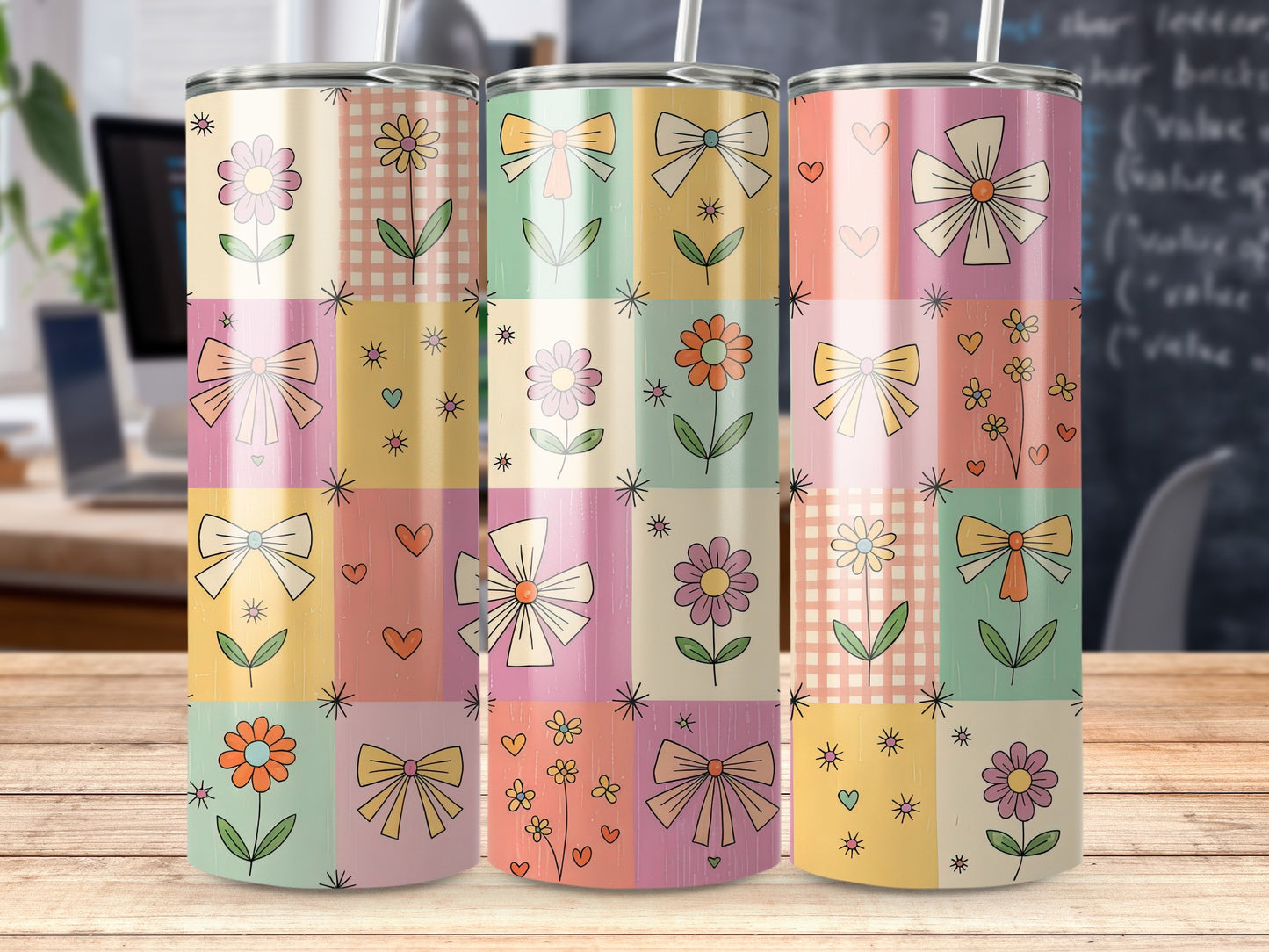 Pink, yellow, and blue floral and bow pattern on three tumblers.