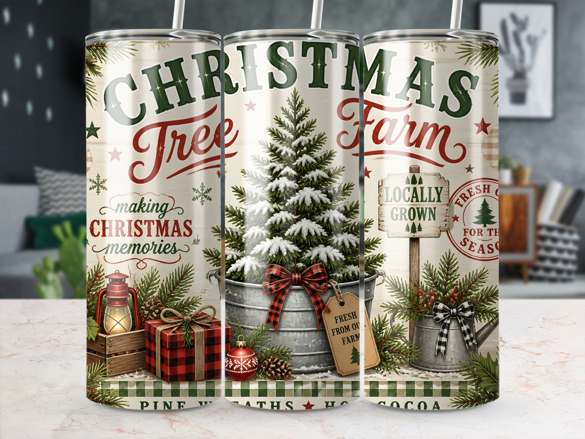 Three metal tumblers display a Christmas tree farm design featuring snow-covered trees, red trucks, and holiday text.