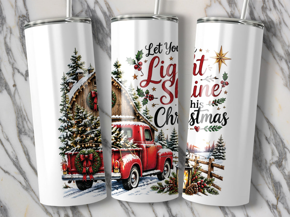 Three white travel tumblers featuring a Christmas design with a red truck, snowy cabin, and festive text.