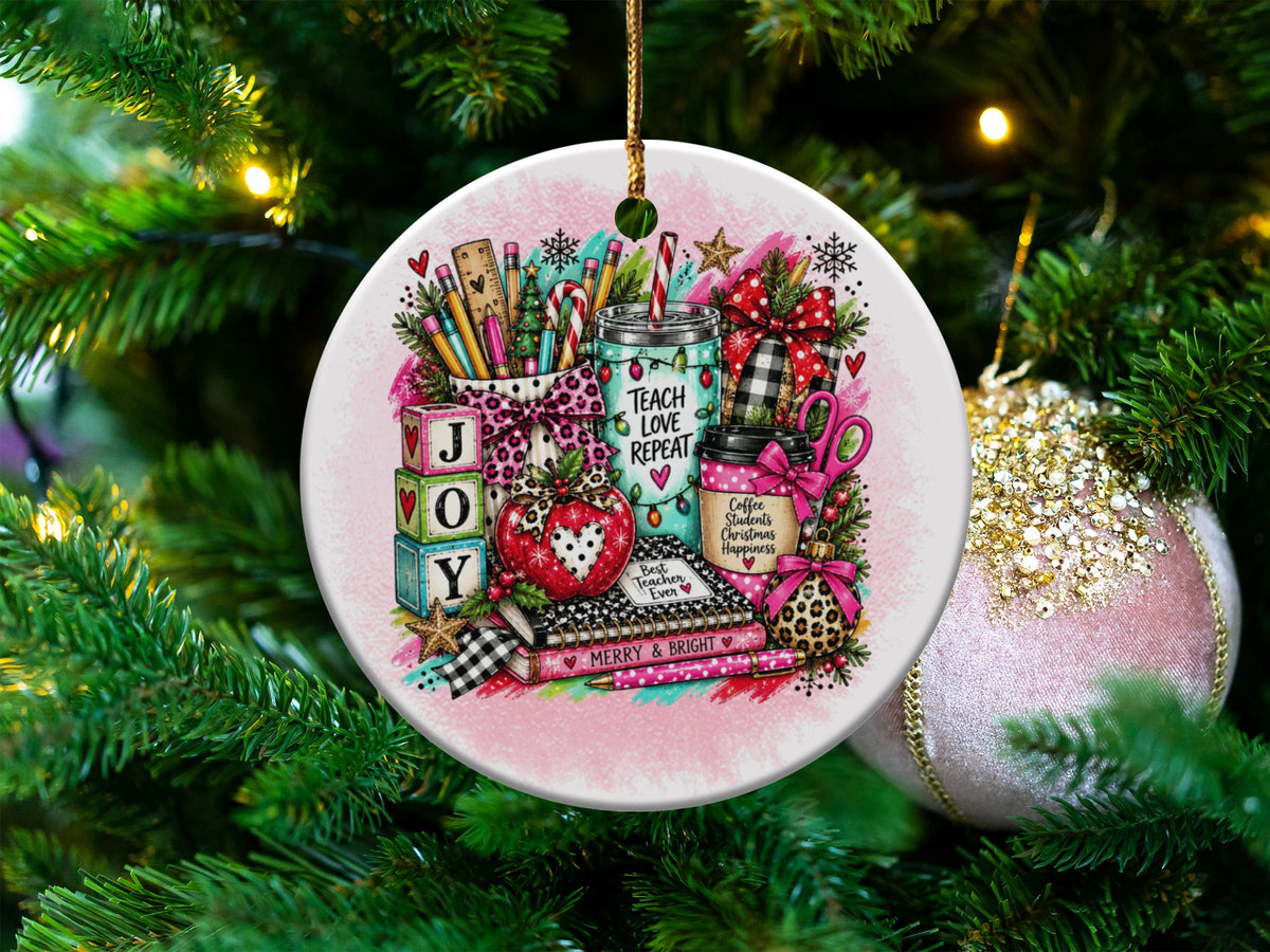 Round ornament with school supplies, coffee cups, and "Teach Love Repeat" text.