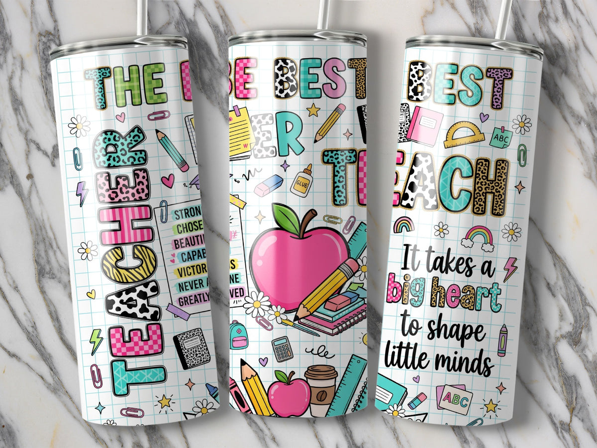 Three stainless steel tumblers feature colorful teacher-themed designs with apples, pencils, and school supplies over grid backgrounds.