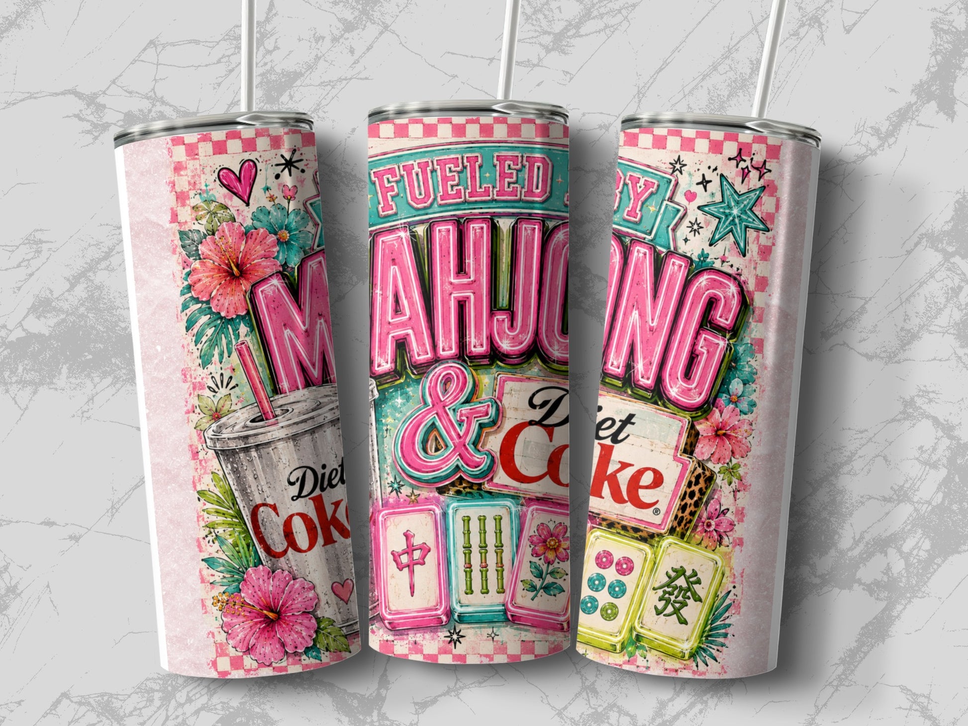 Tumbler with hibiscus flowers, Diet Coke, and mahjong tiles reading "Fueled by Mahjong".