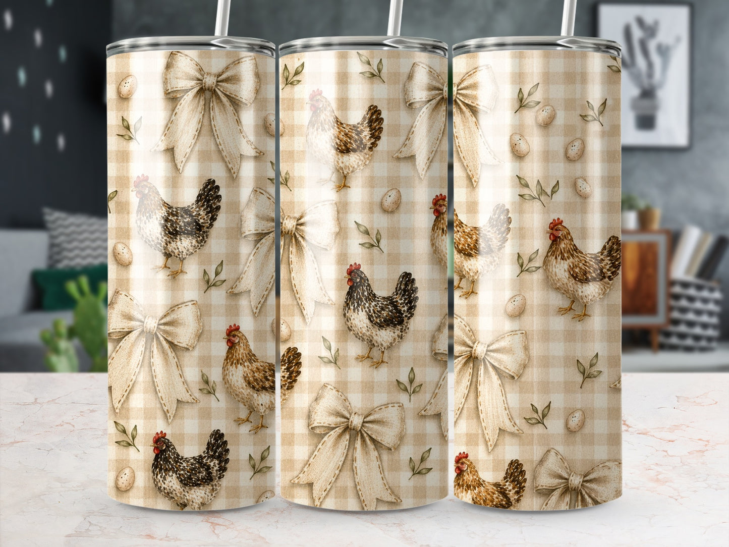Three tumblers with a chicken and bow pattern on beige gingham.
