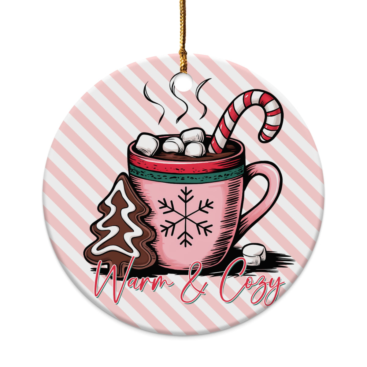 Ornament with hot chocolate, candy cane, gingerbread cookie, and text "Warm & Cozy".
