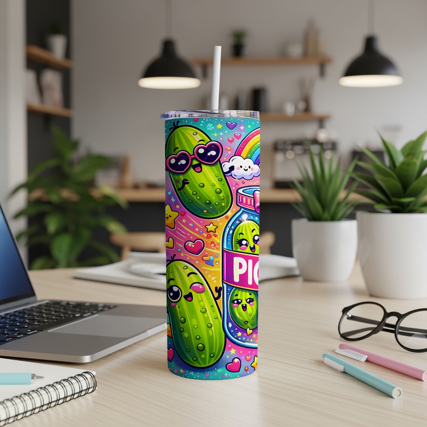 Happy cartoon pickles with sunglasses and hearts on a tumbler.