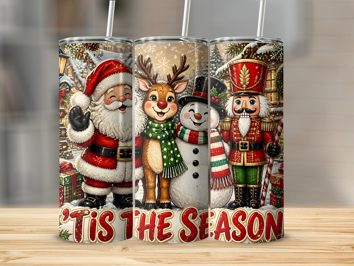 Three stainless steel tumblers with straws, featuring watercolor Christmas characters and the red text Tis The Season.