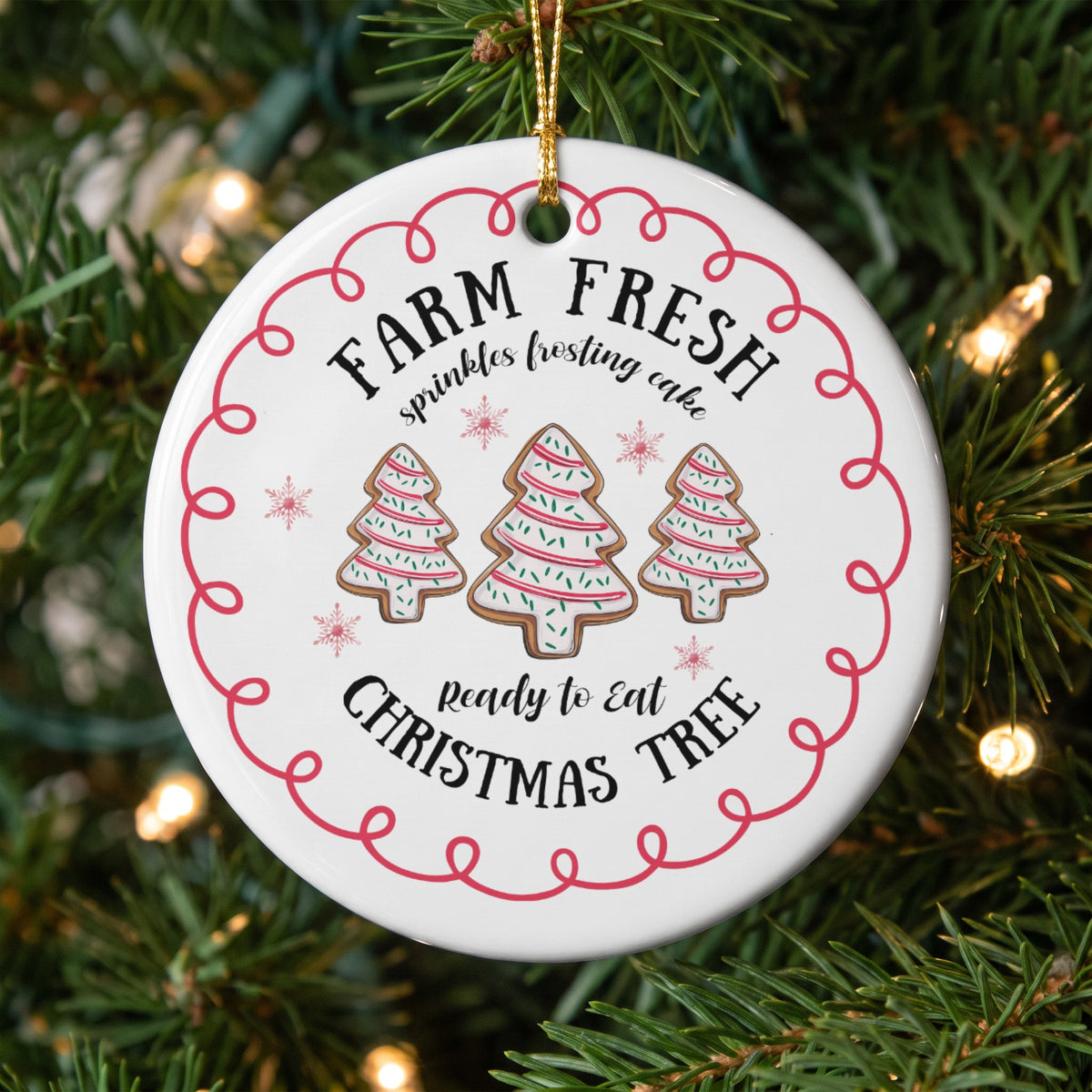 Ornament with "Farm Fresh" text and gingerbread Christmas trees.