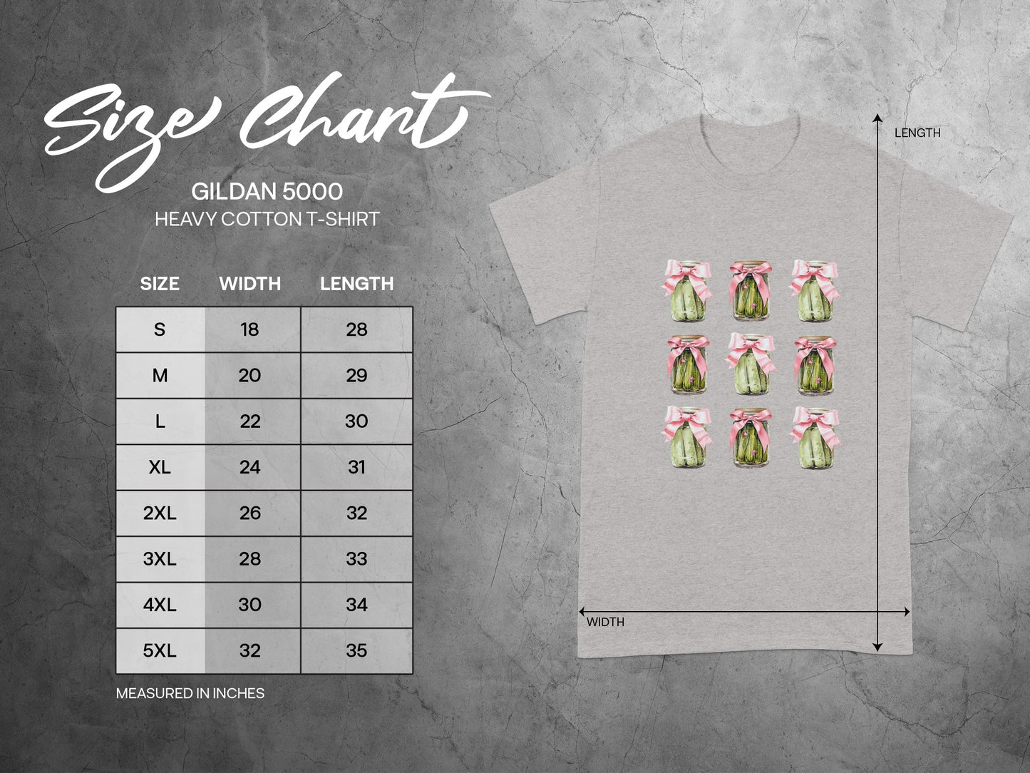 Gildan 5000 Heavy Cotton T-Shirt size chart with width and length measurements.