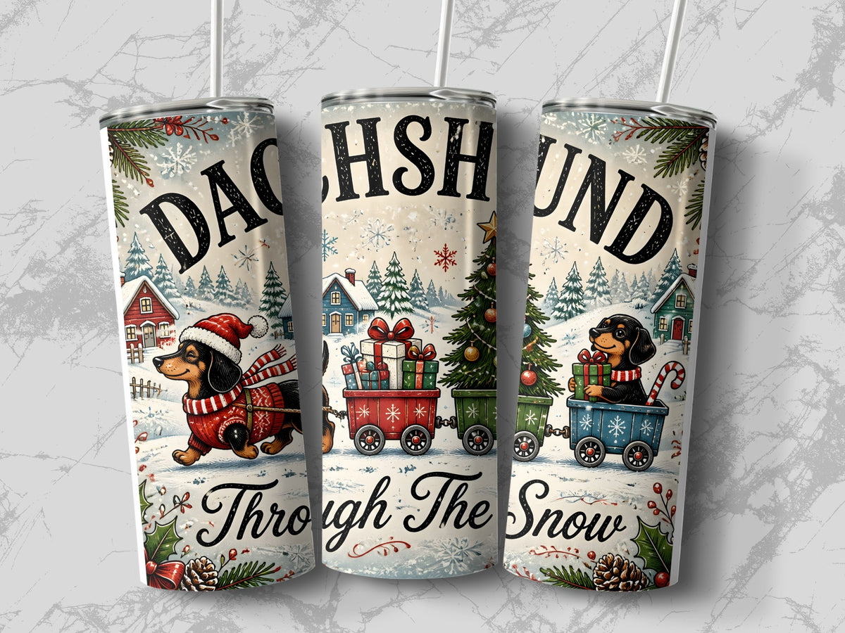 Three views of a stainless steel tumbler featuring a Dachshund holiday illustration with text reading Dachshund Through The Snow.