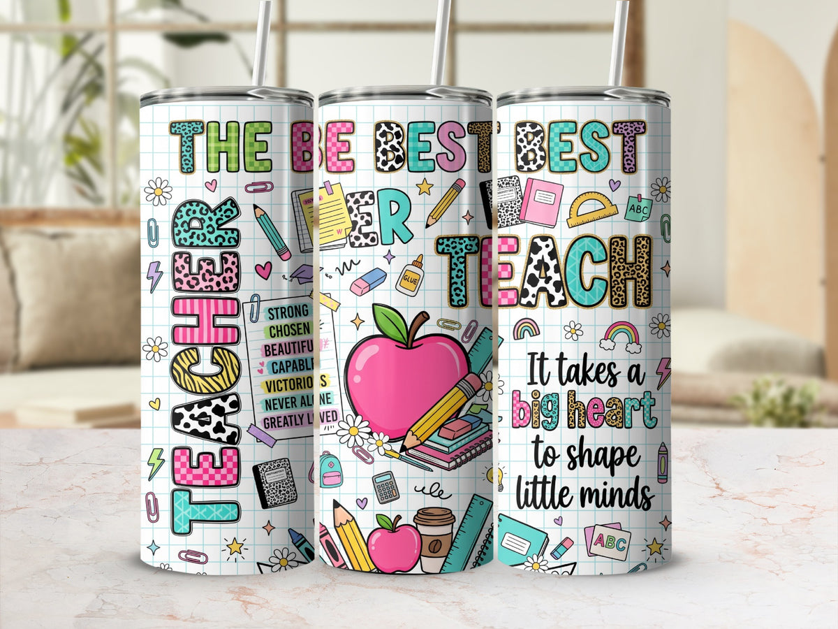Three metal tumblers with teacher-themed graphics, including apples, pencils, notebooks, and the text The Best Teacher.